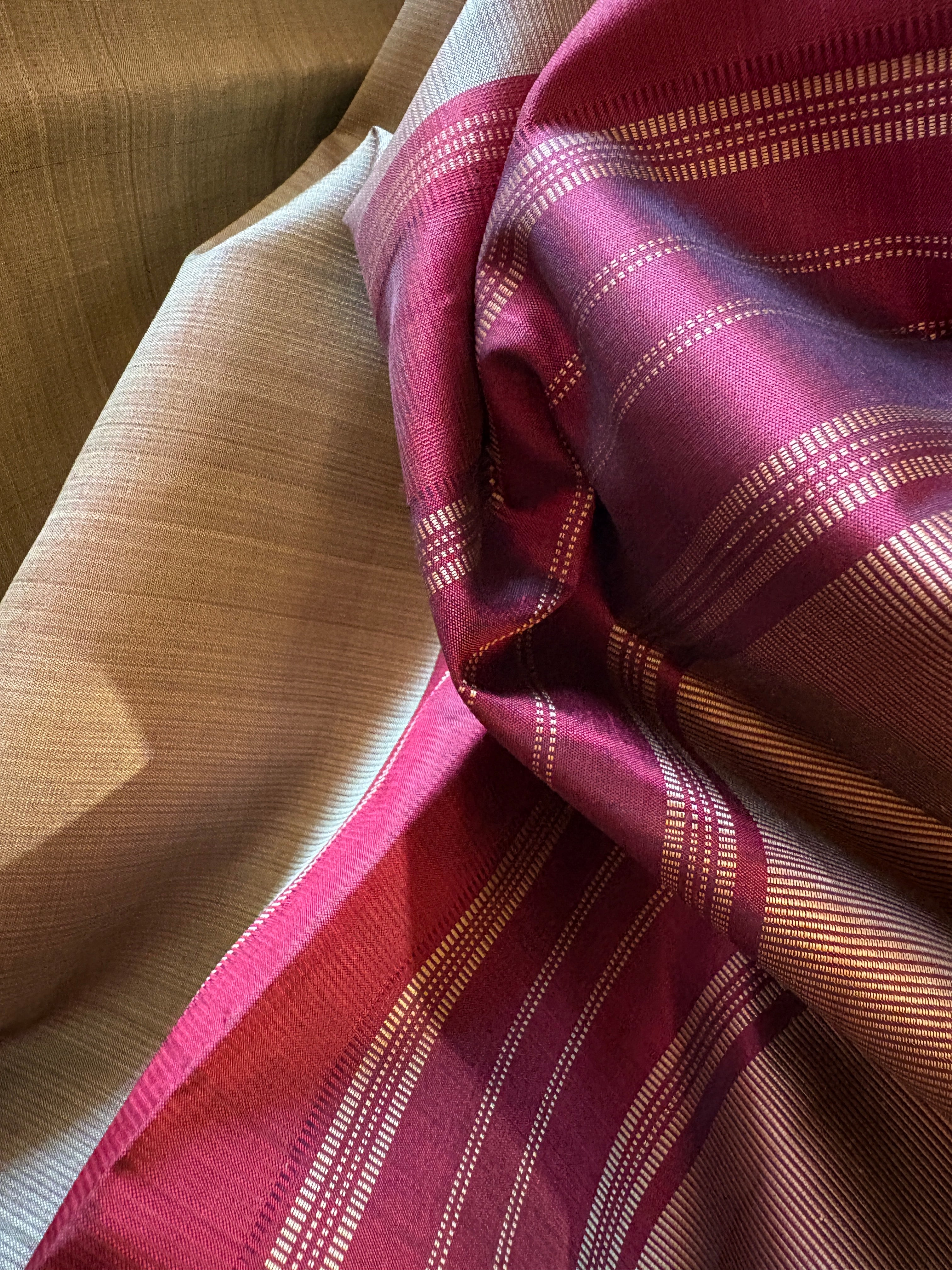 Glowing Beige-Grey Korvai Kanjivaram Silk Saree with Maroon border - RK0205