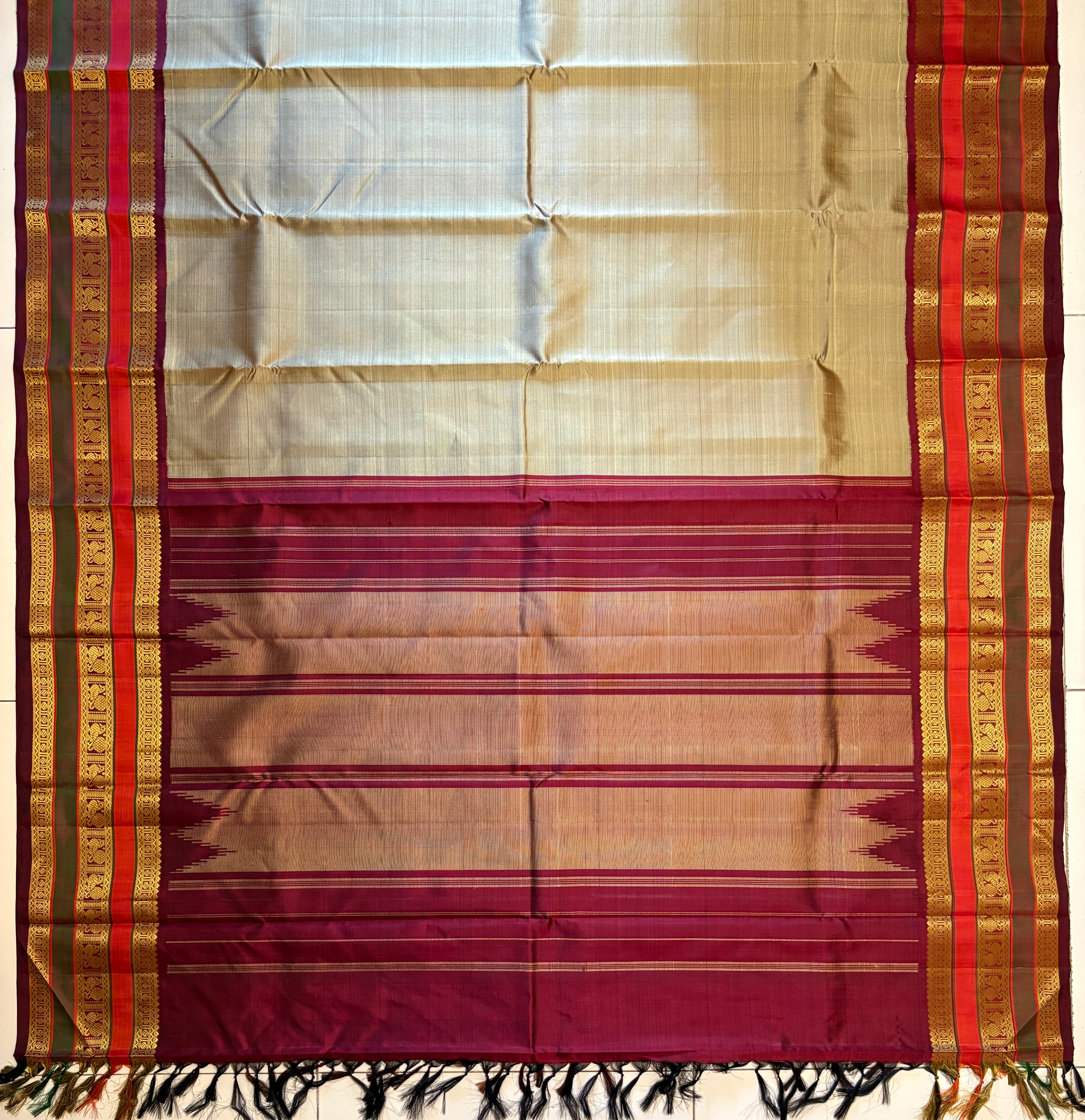 Glowing Beige-Grey Korvai Kanjivaram Silk Saree with Maroon border - RK0205