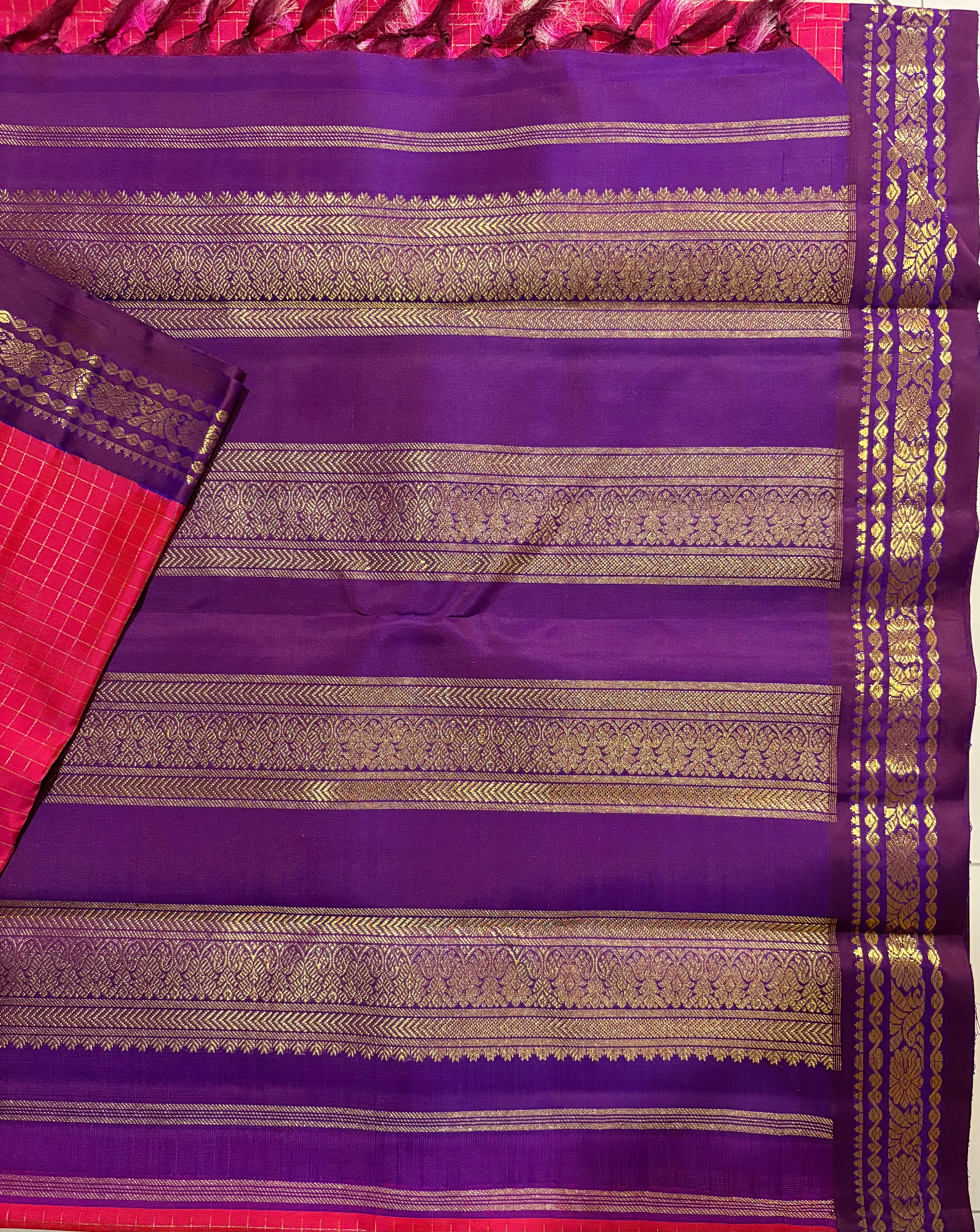 Pinkish Red Smal Border Korvai Kanjiaram Handloom Silk Saree with Nagapazham Border - RK0540