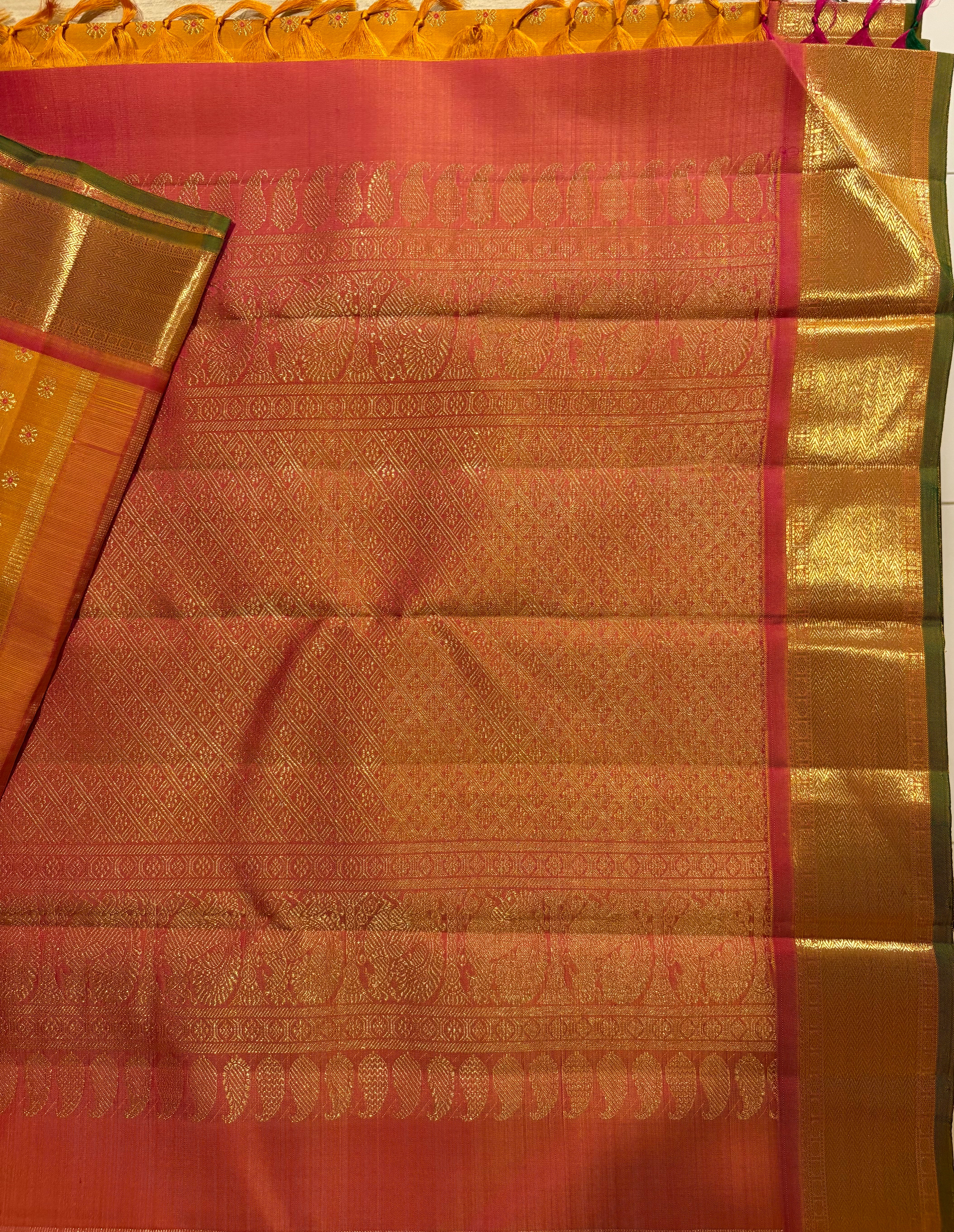 Golden Mustard Kanjivaram Silk Saree with Rani Pink Border RK0544