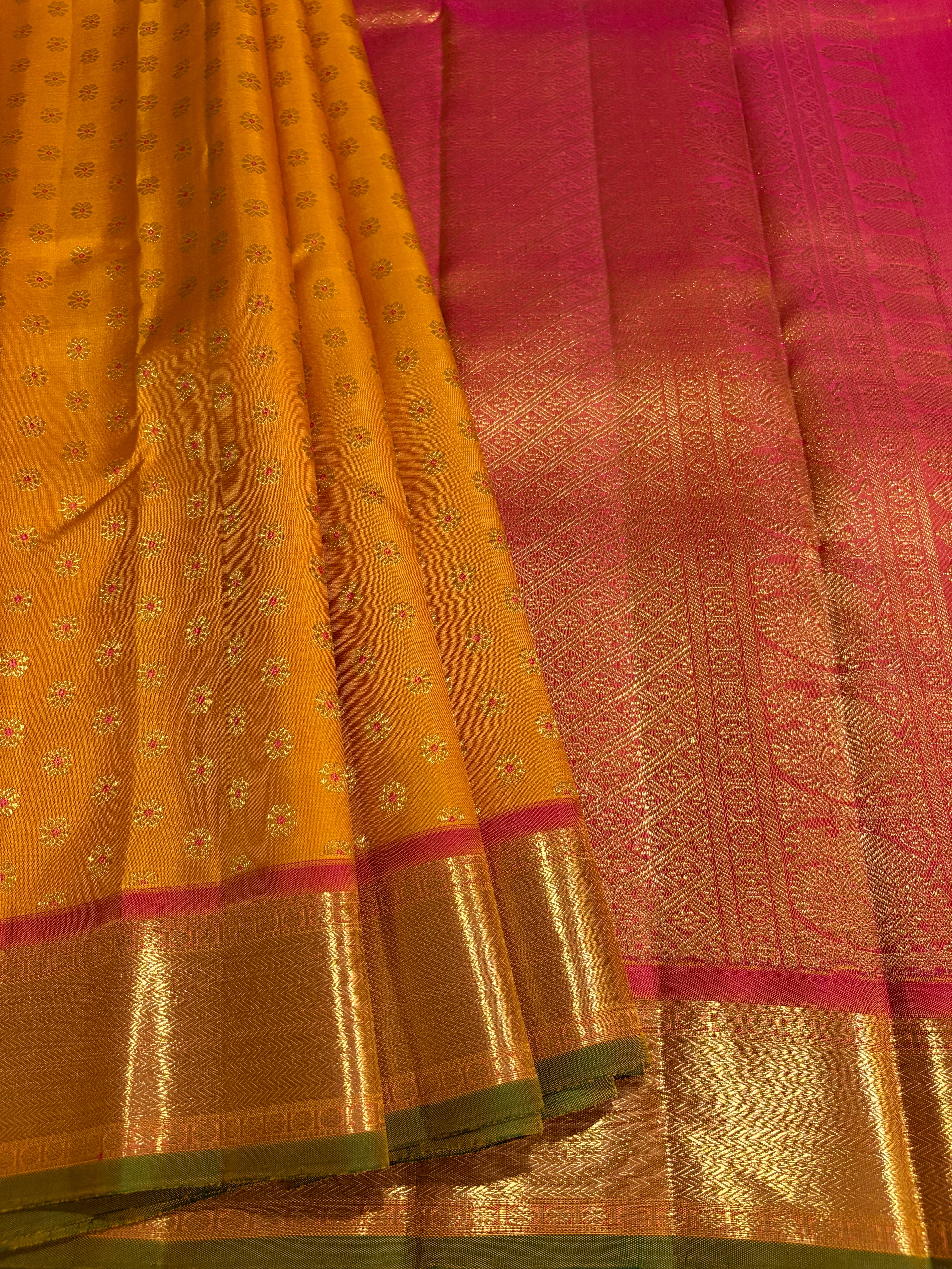 Golden Mustard Kanjivaram Silk Saree with Rani Pink Border RK0544