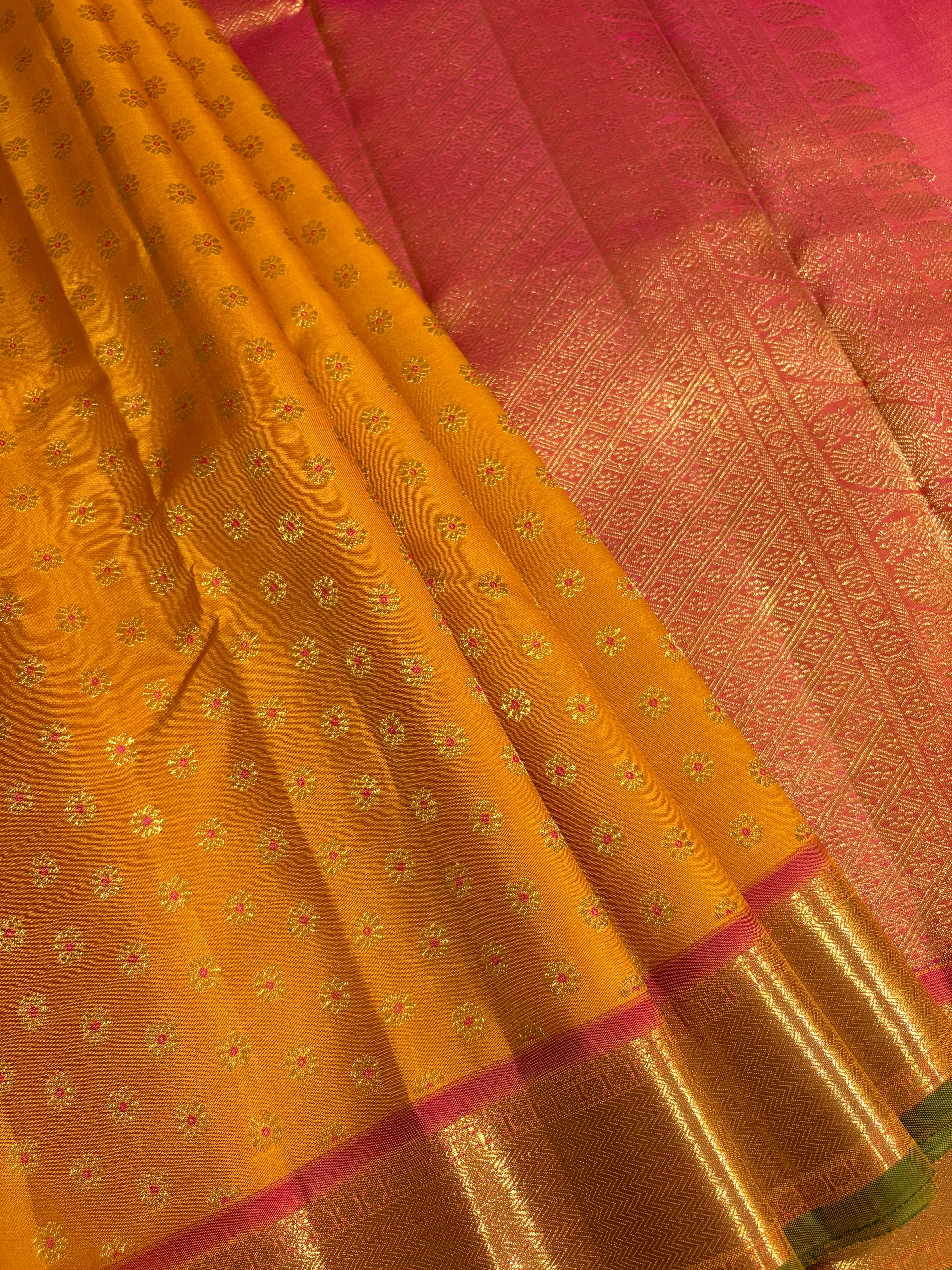 Golden Mustard Kanjivaram Silk Saree with Rani Pink Border RK0544