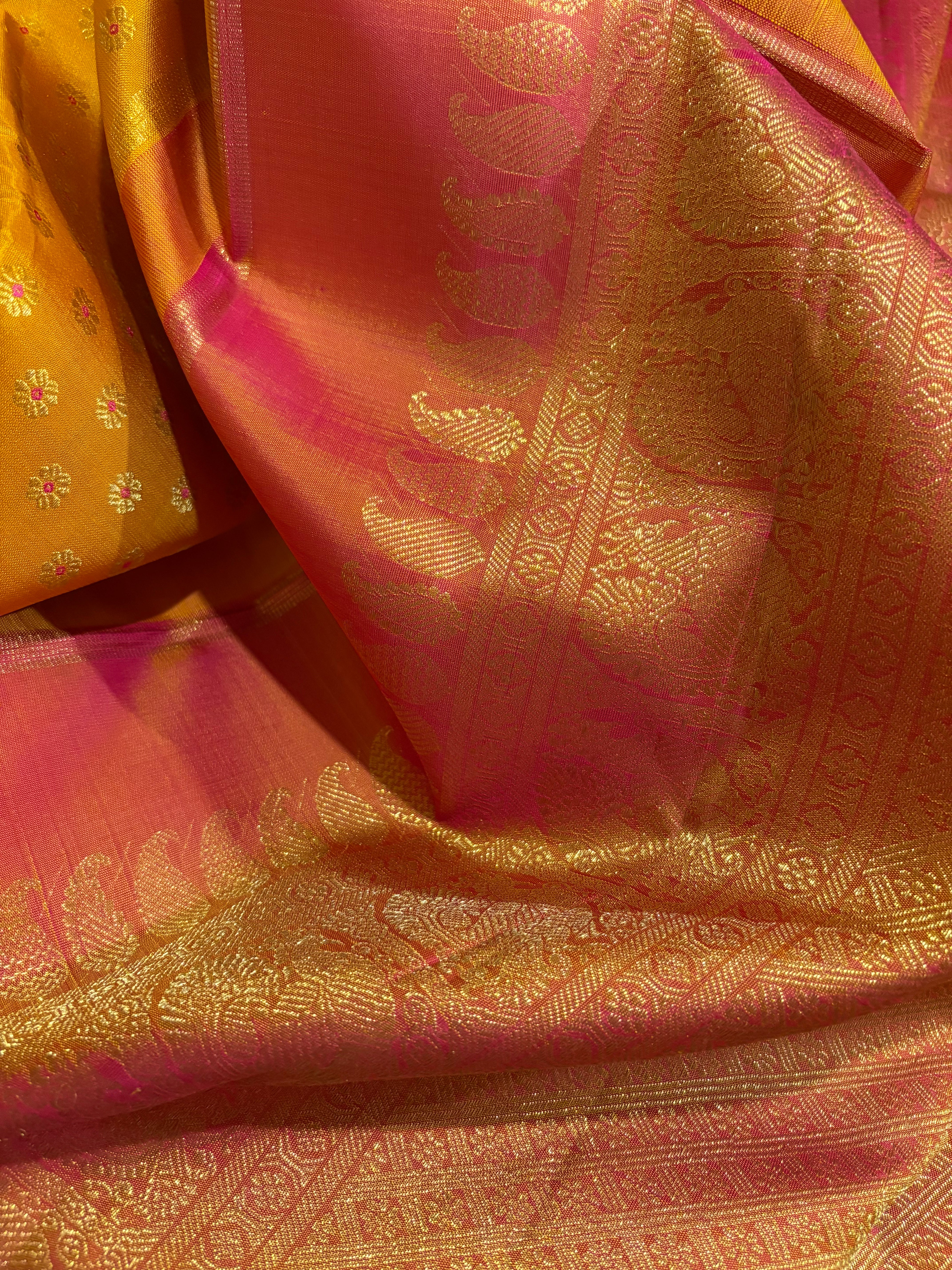Golden Mustard Kanjivaram Silk Saree with Rani Pink Border RK0544