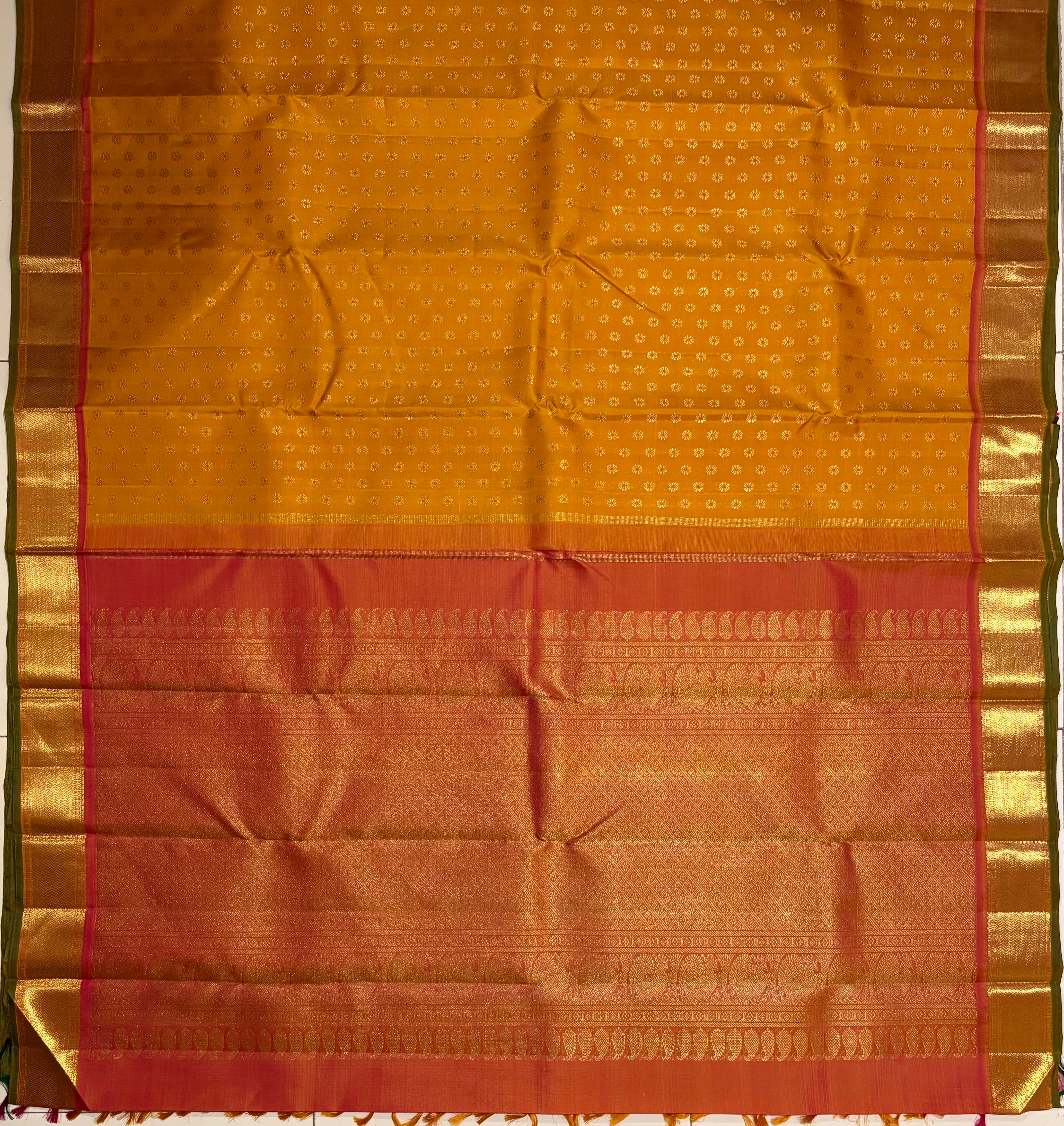 Golden Mustard Kanjivaram Silk Saree with Rani Pink Border RK0544