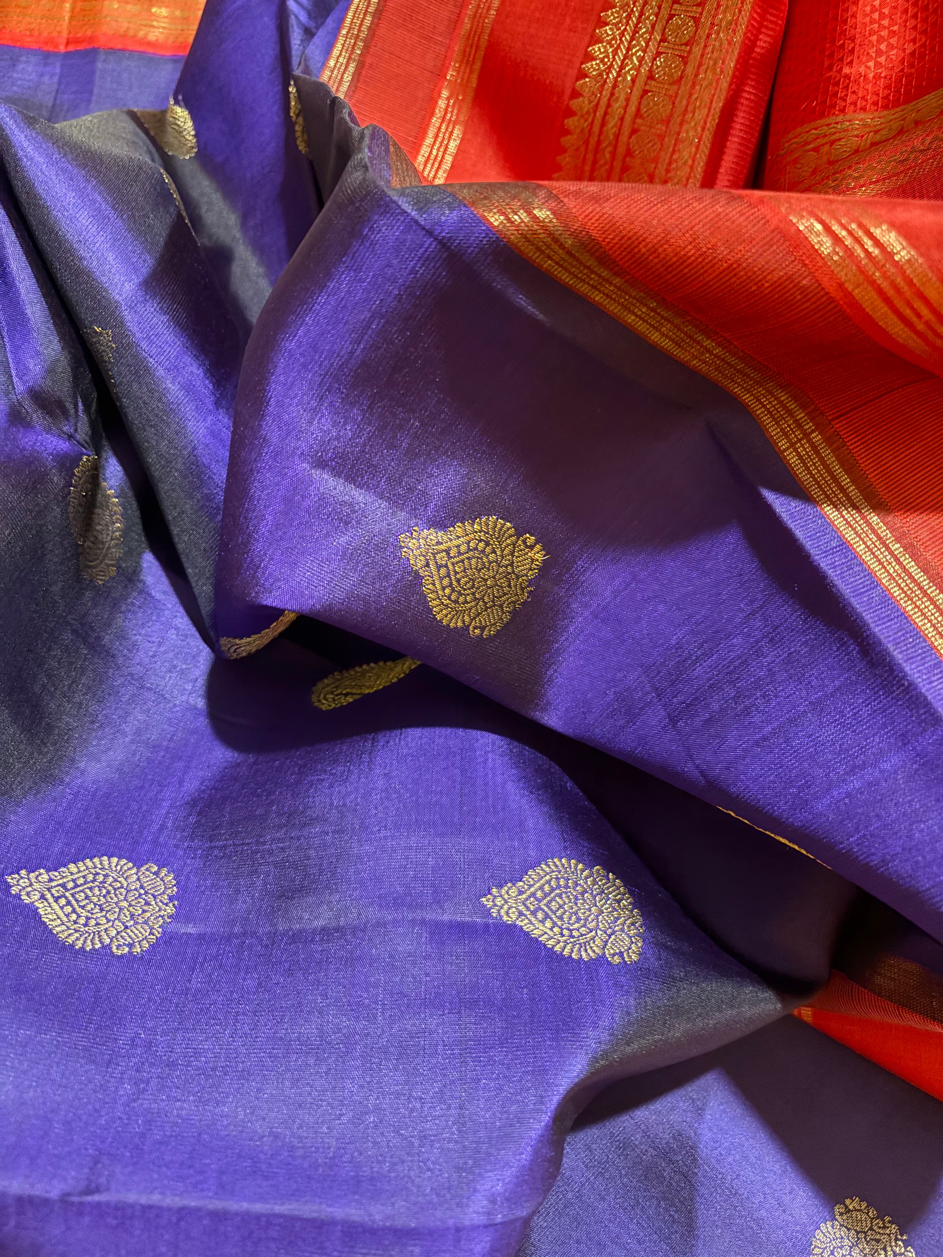 Bluish Violet Korvai Kajivaram Silk Saree with Red Border RK0431