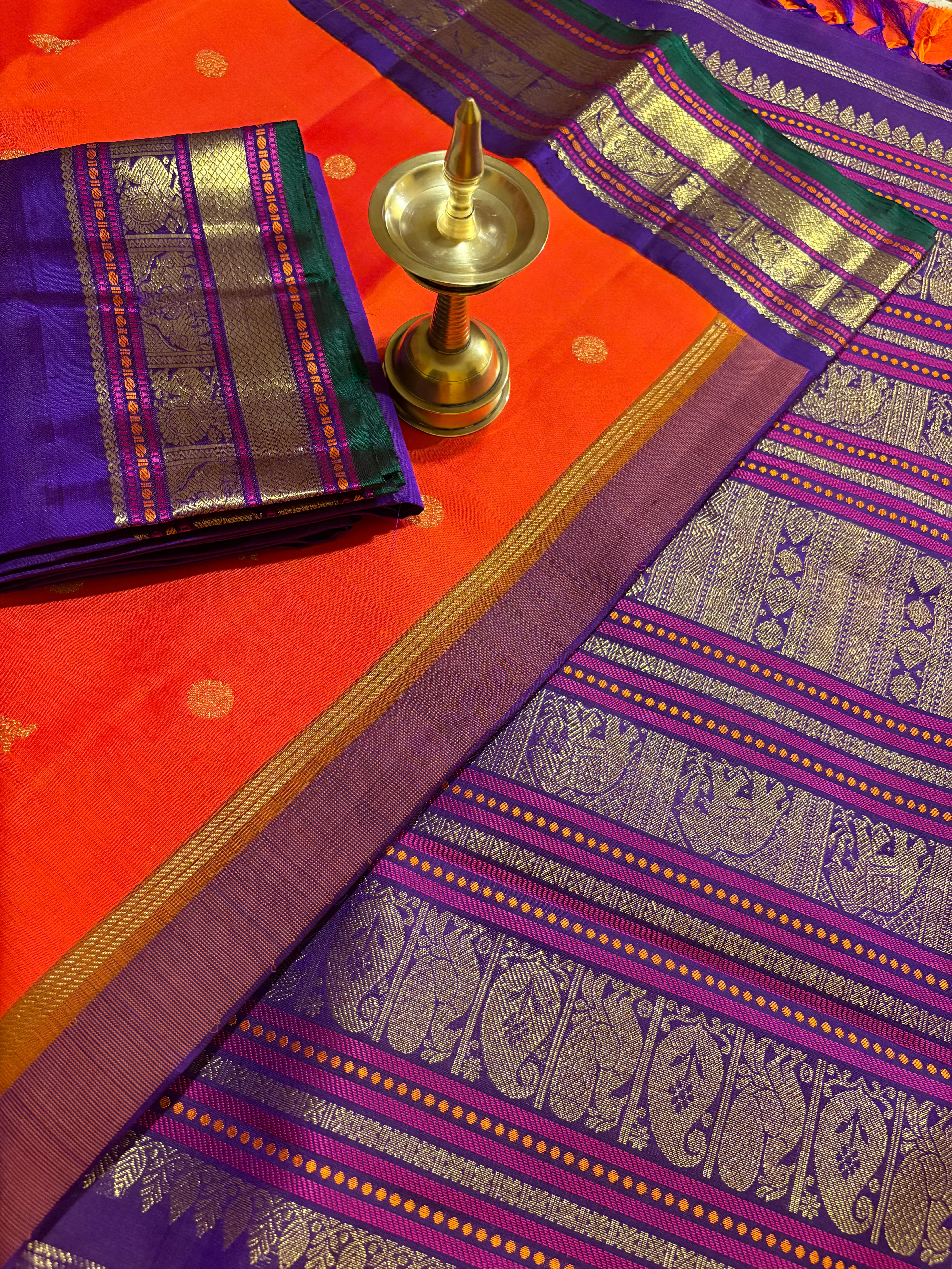 Orange Korvai Kanjivaram Silk Saree with Deep Purple Border RK0531