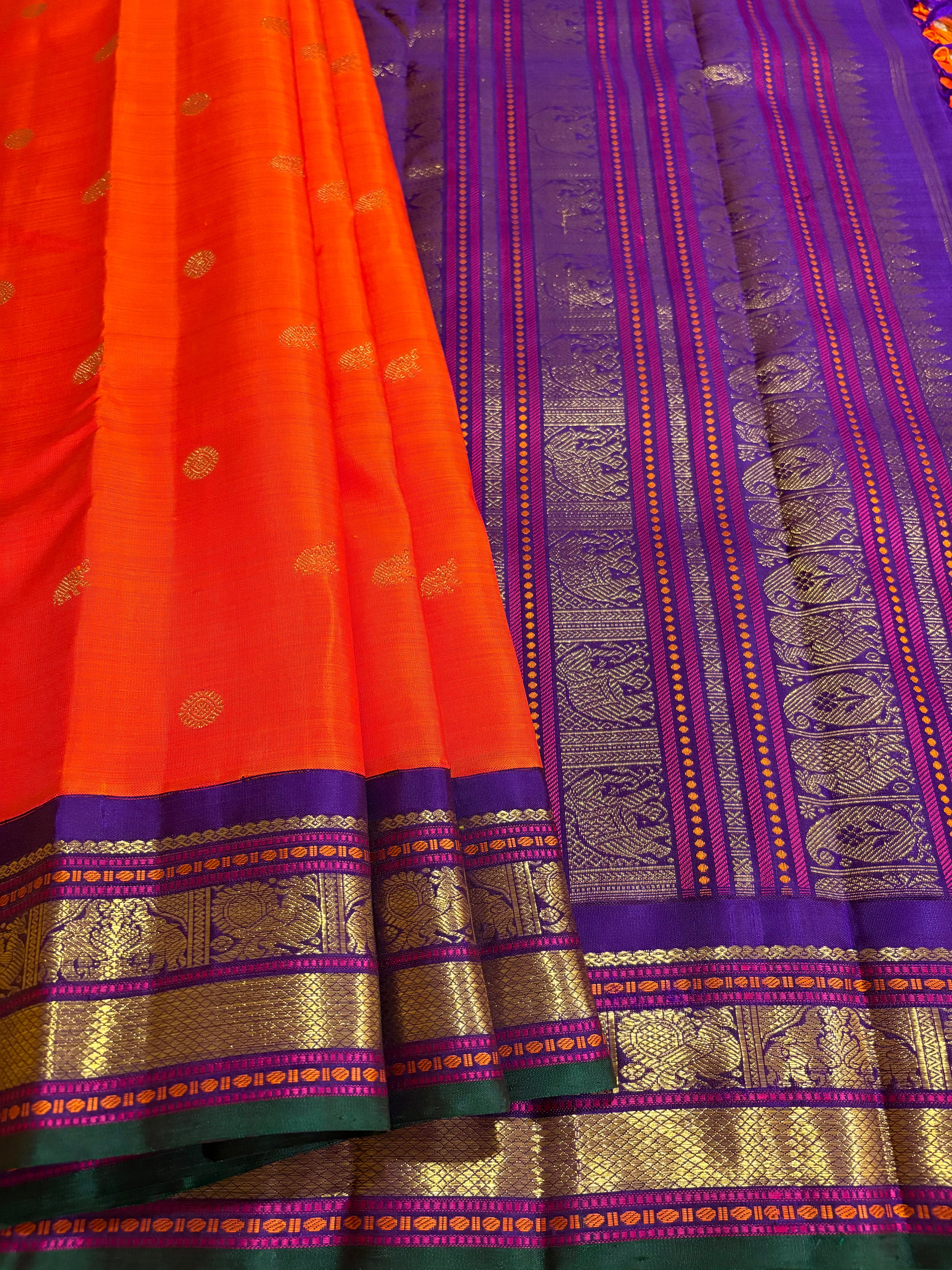 Orange Korvai Kanjivaram Silk Saree with Deep Purple Border RK0531