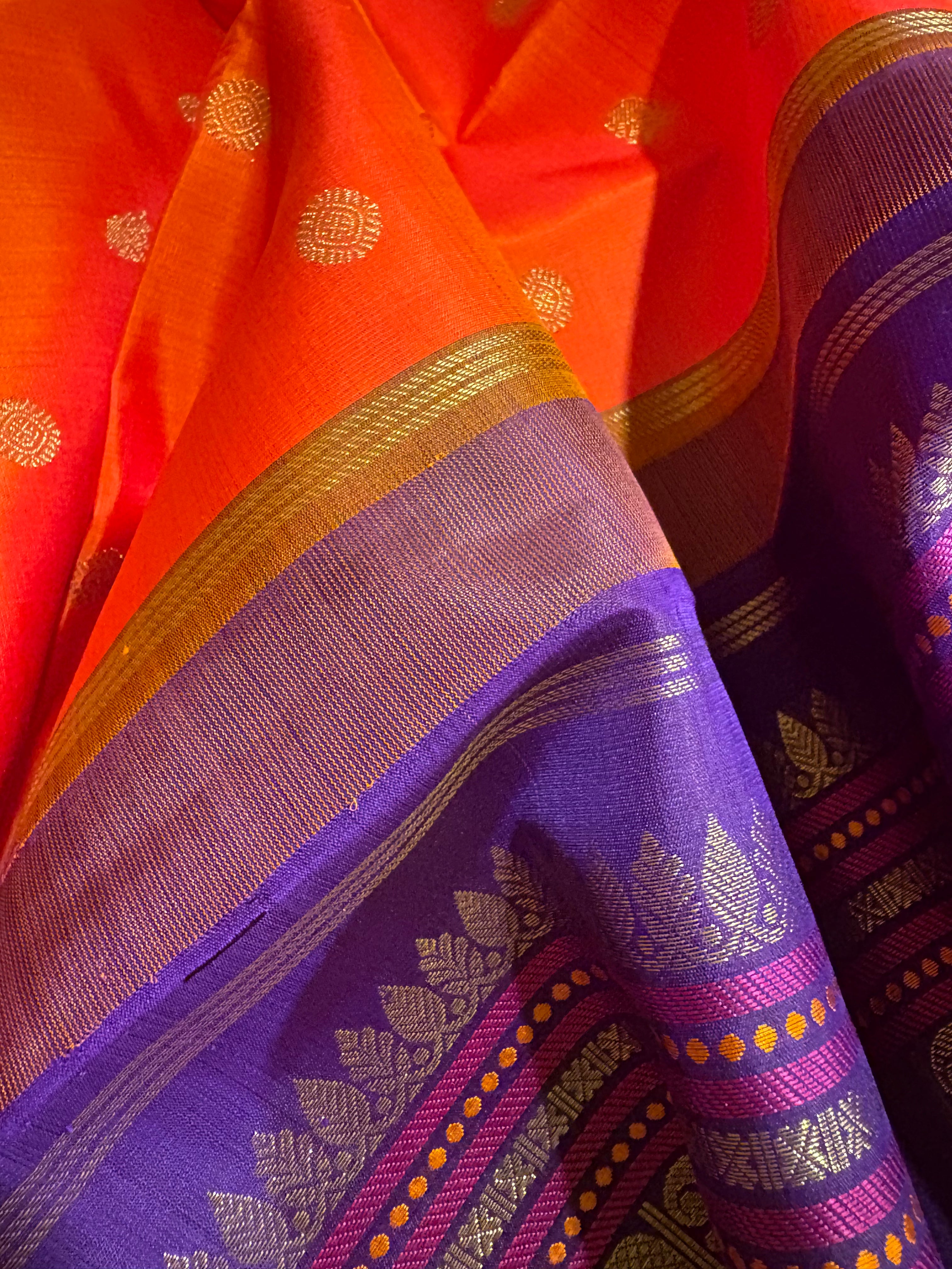 Orange Korvai Kanjivaram Silk Saree with Deep Purple Border RK0531