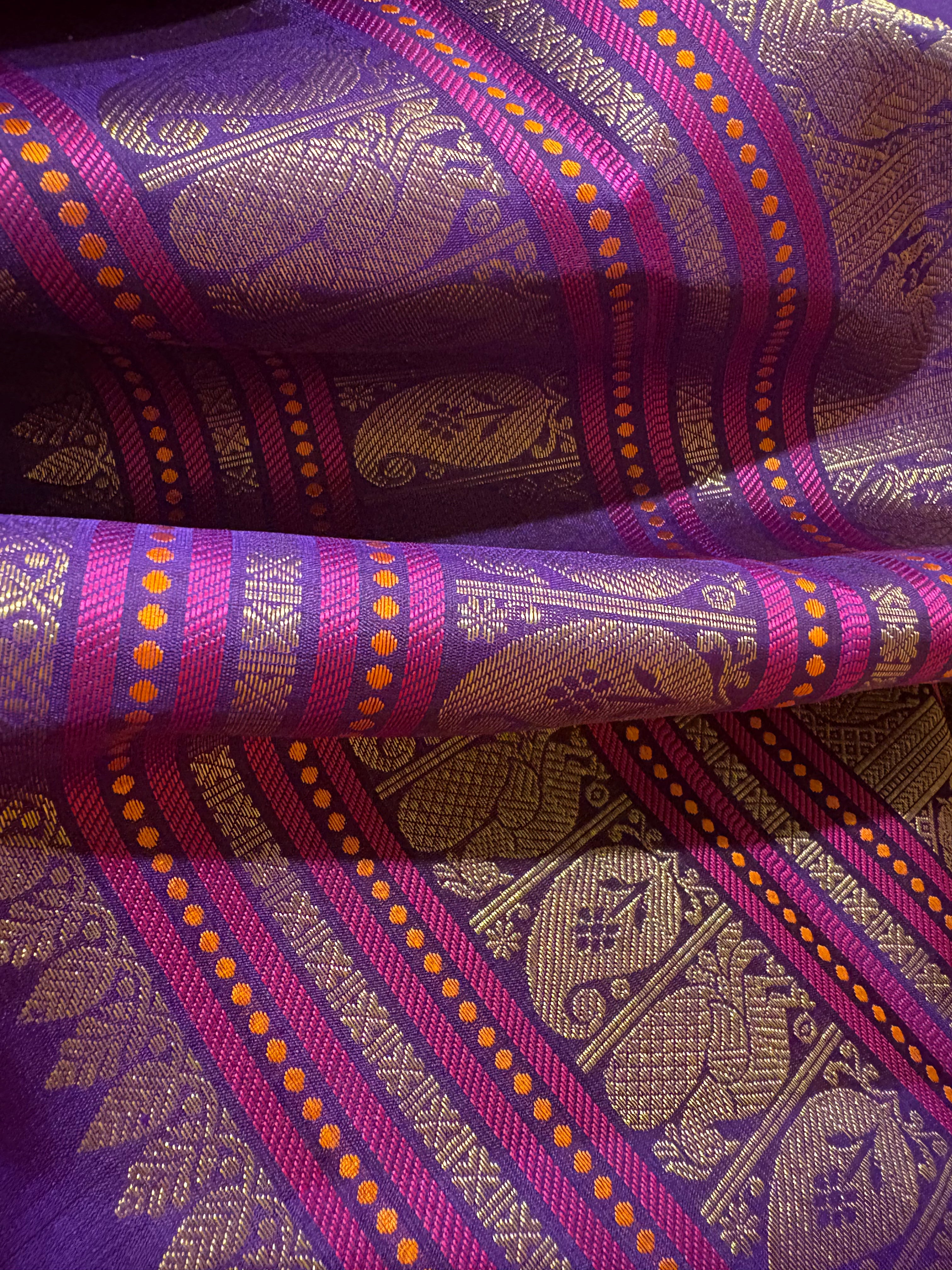 Orange Korvai Kanjivaram Silk Saree with Deep Purple Border RK0531