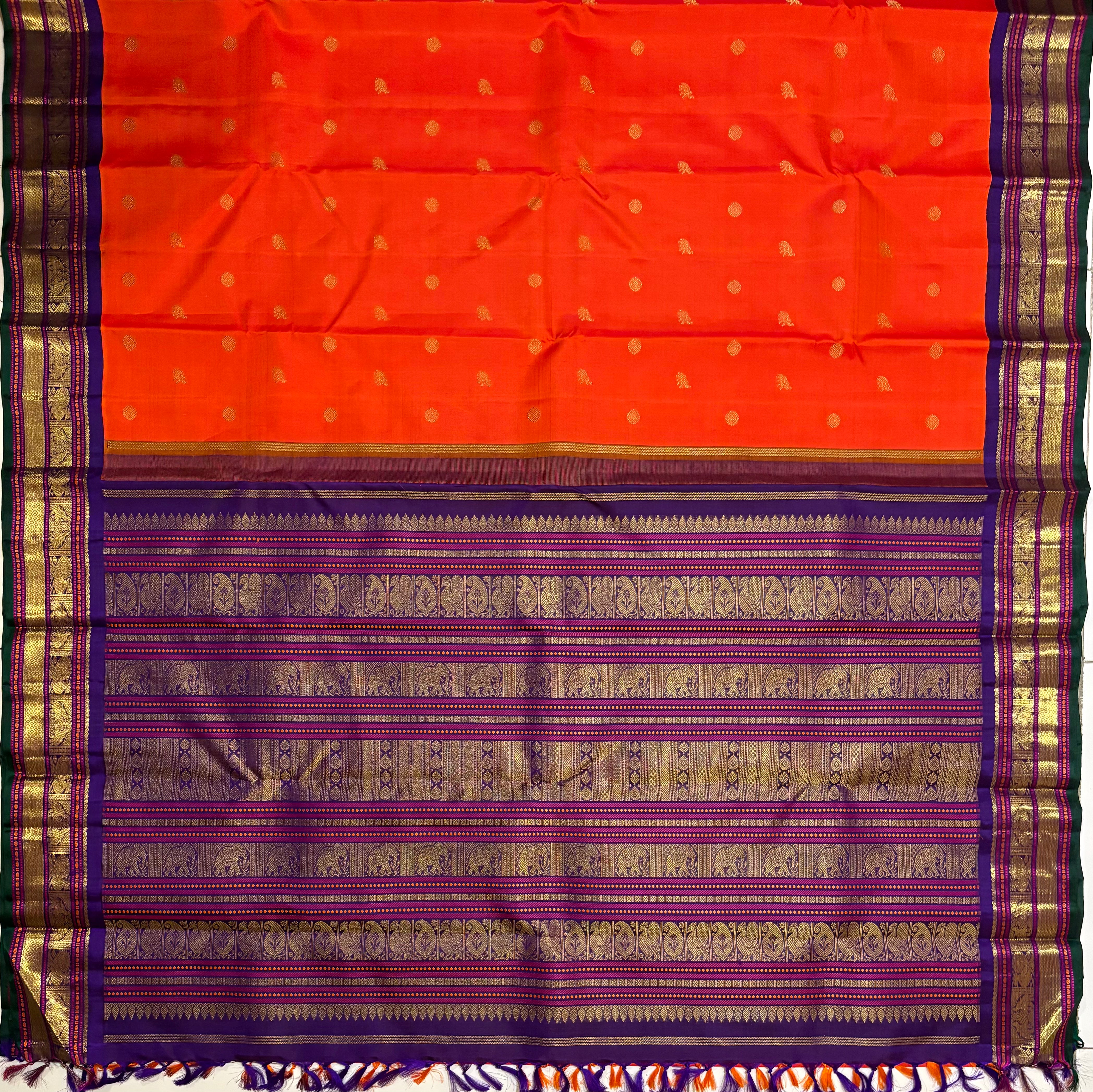 Orange Korvai Kanjivaram Silk Saree with Deep Purple Border RK0531