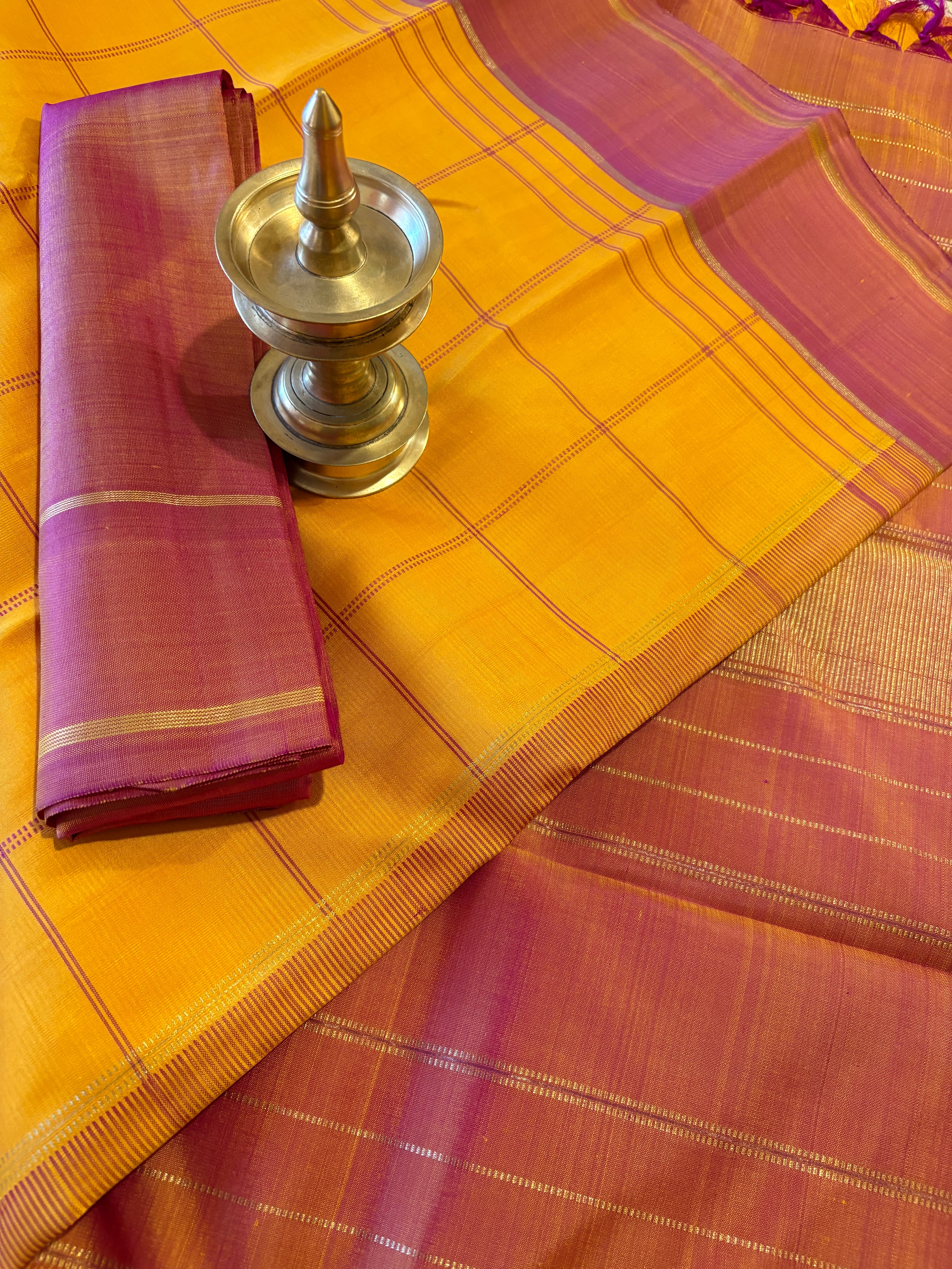 Turmeric  yellow kattam Kanjivaram Silk Saree with pinkish Rust Border - RK0180