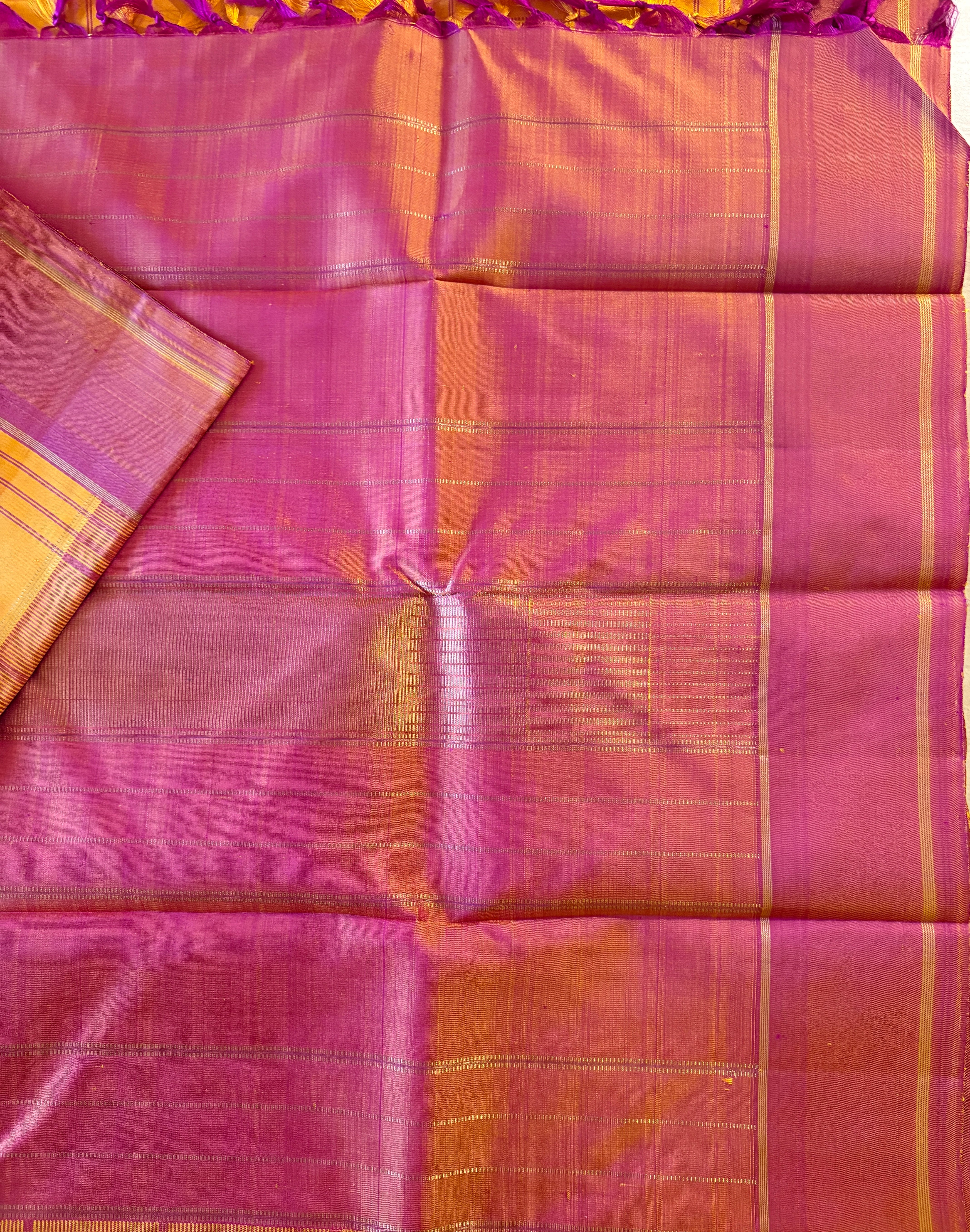 Turmeric  yellow kattam Kanjivaram Silk Saree with pinkish Rust Border - RK0180