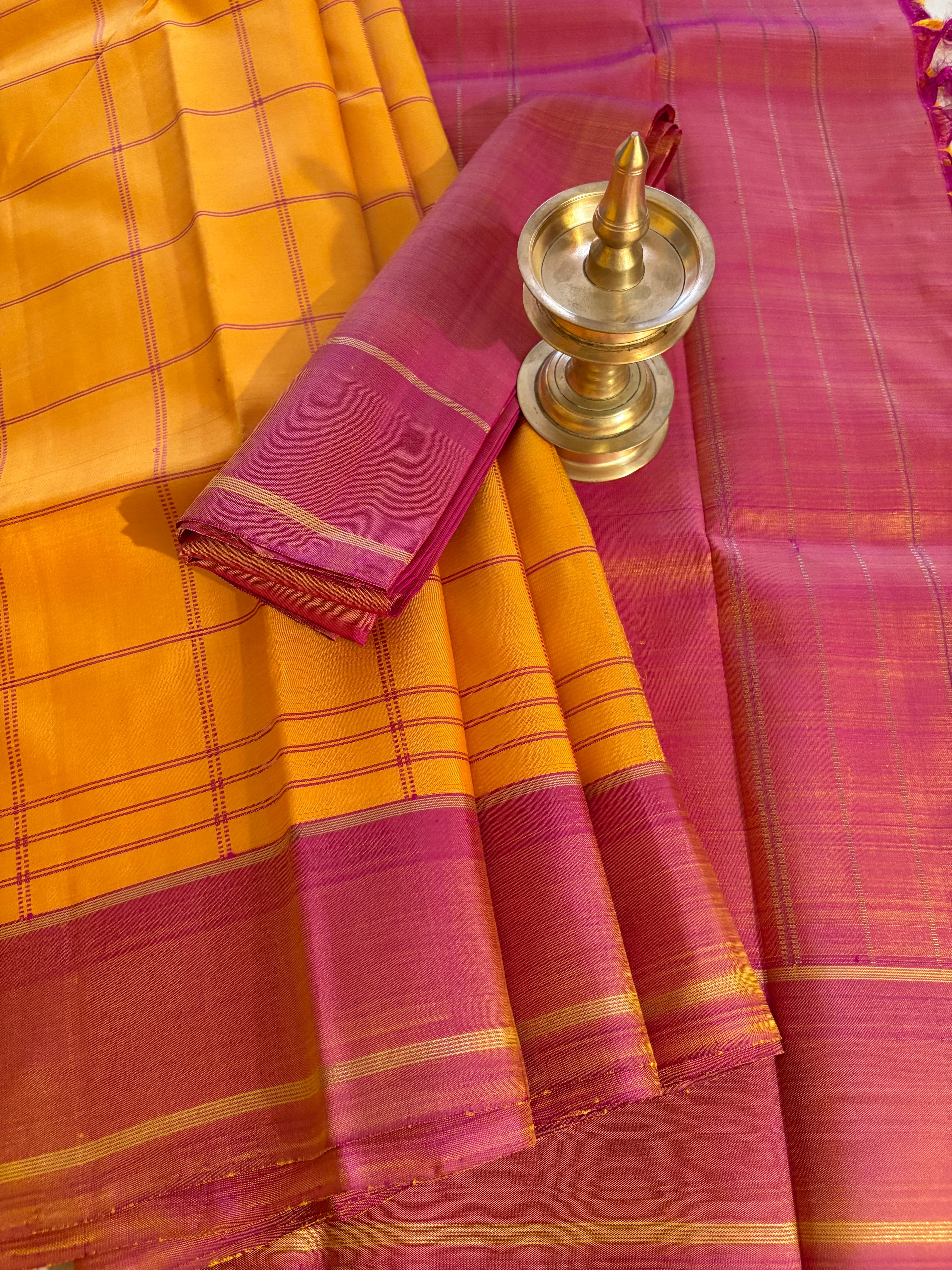 Turmeric  yellow kattam Kanjivaram Silk Saree with pinkish Rust Border - RK0180