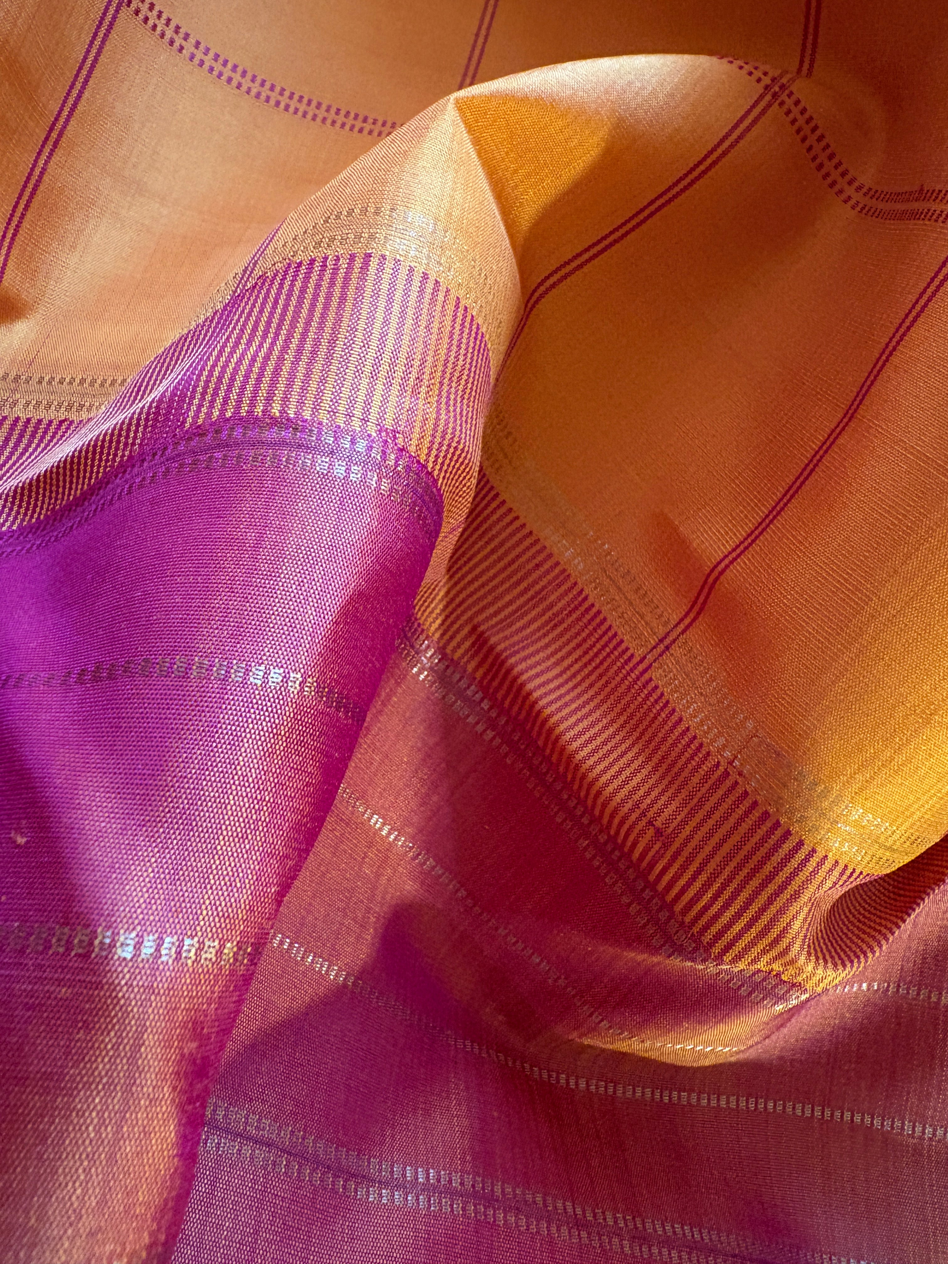 Turmeric  yellow kattam Kanjivaram Silk Saree with pinkish Rust Border - RK0180