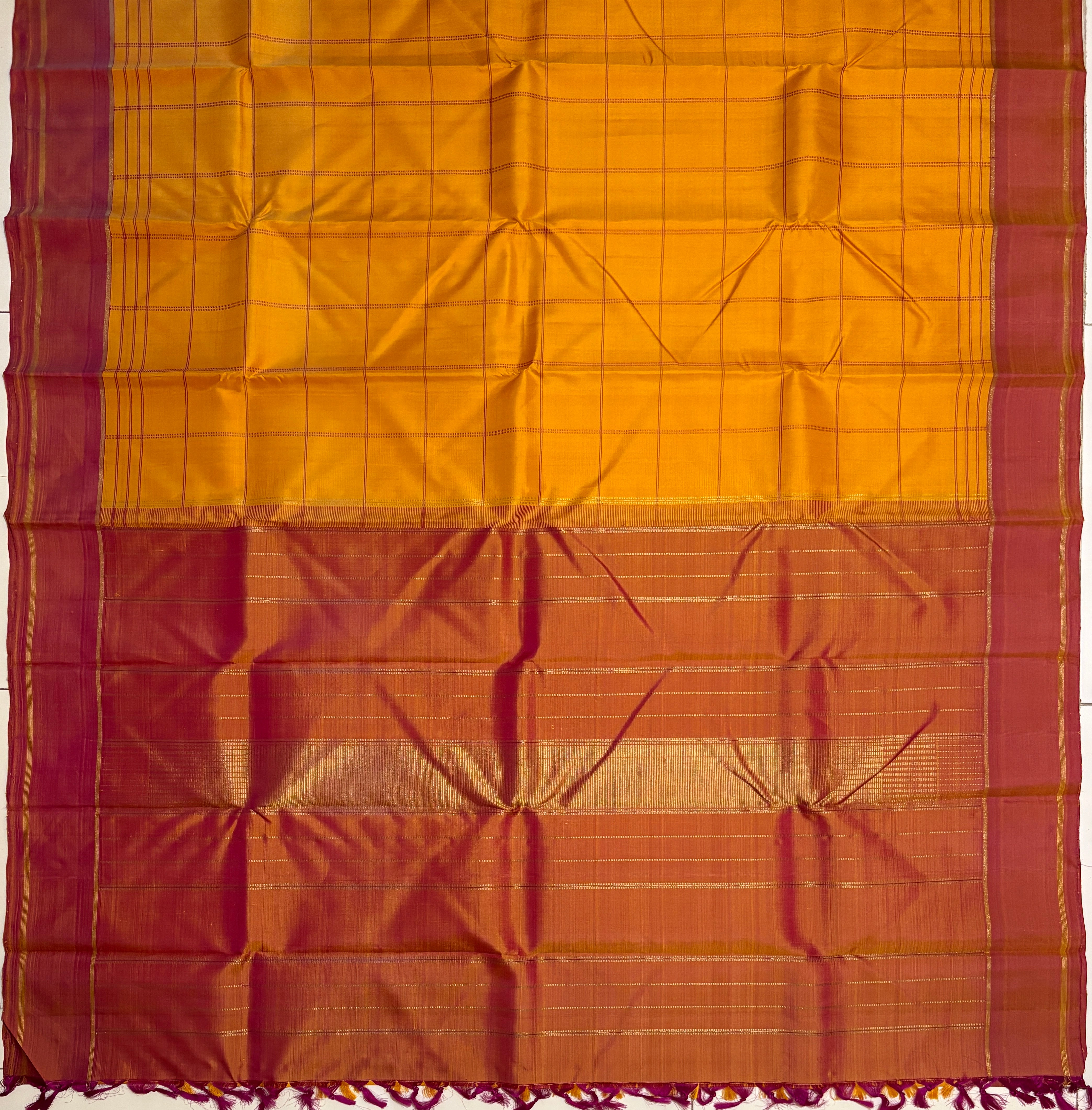 Turmeric  yellow kattam Kanjivaram Silk Saree with pinkish Rust Border - RK0180