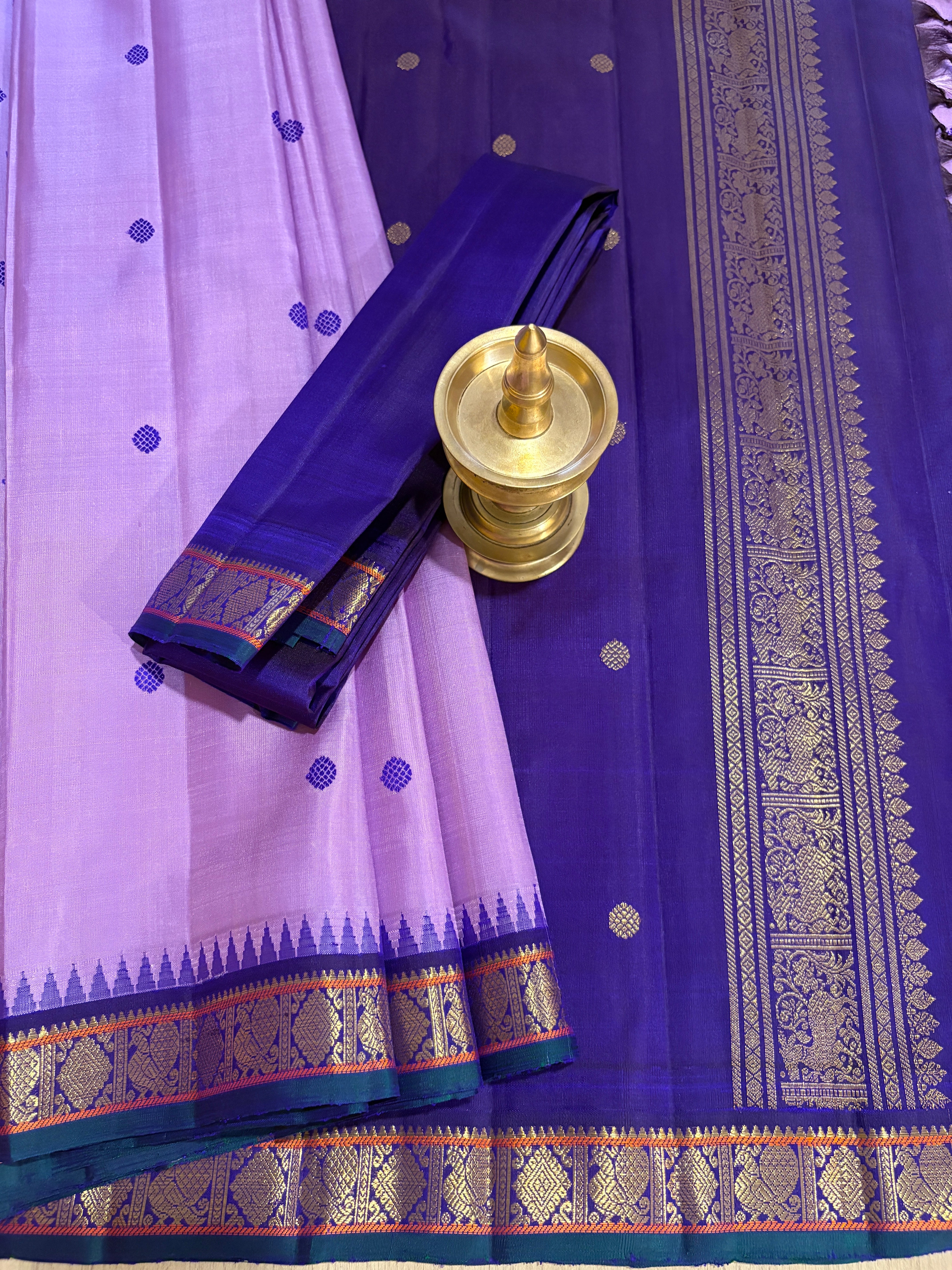 Lavender small border Korvai Kanjivaram Silk Saree with Violet border - RK0761