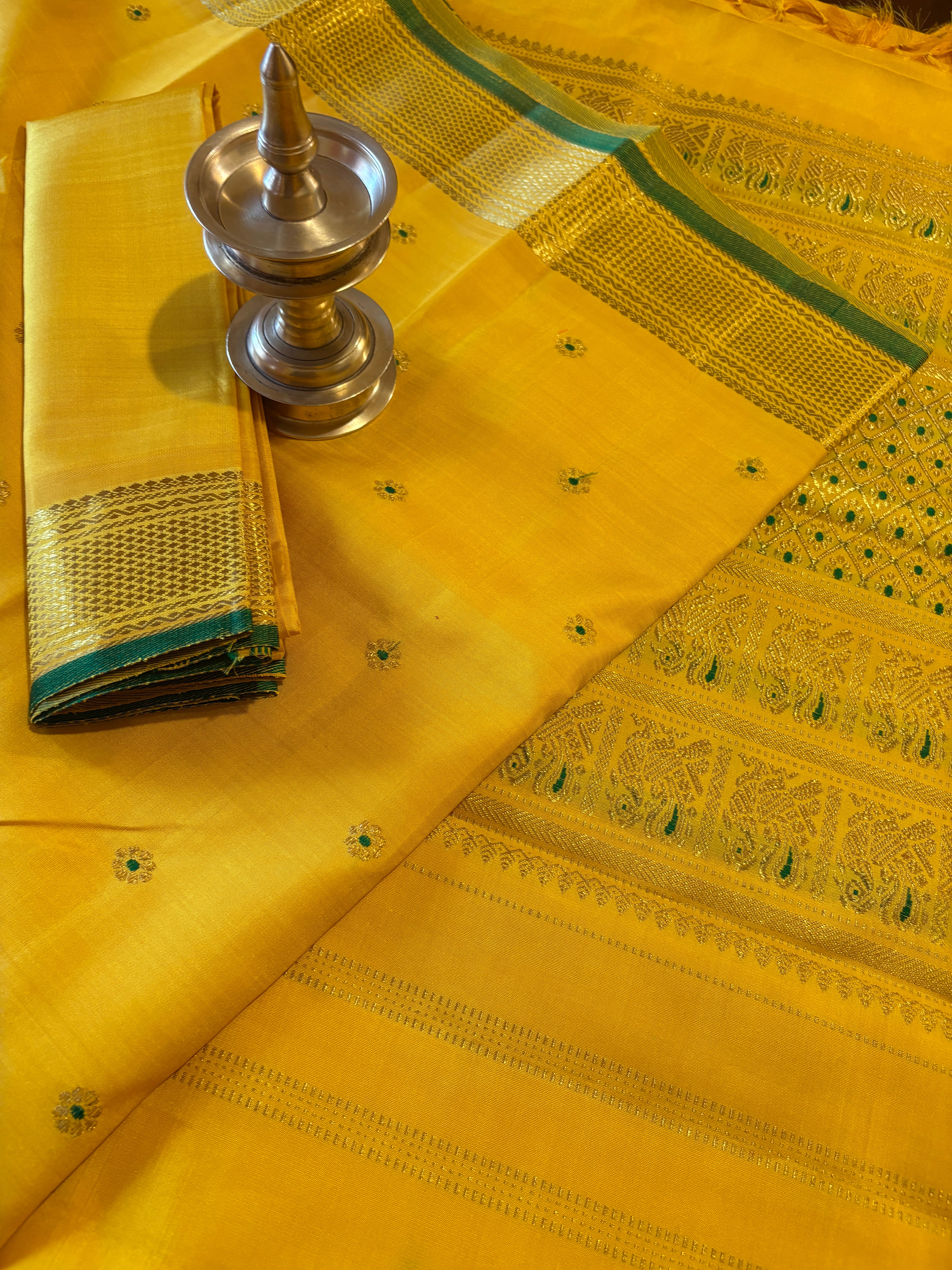 Golden Mustard Monotone Kanjivaram Silk Saree with Meenakari buttas - RK0763