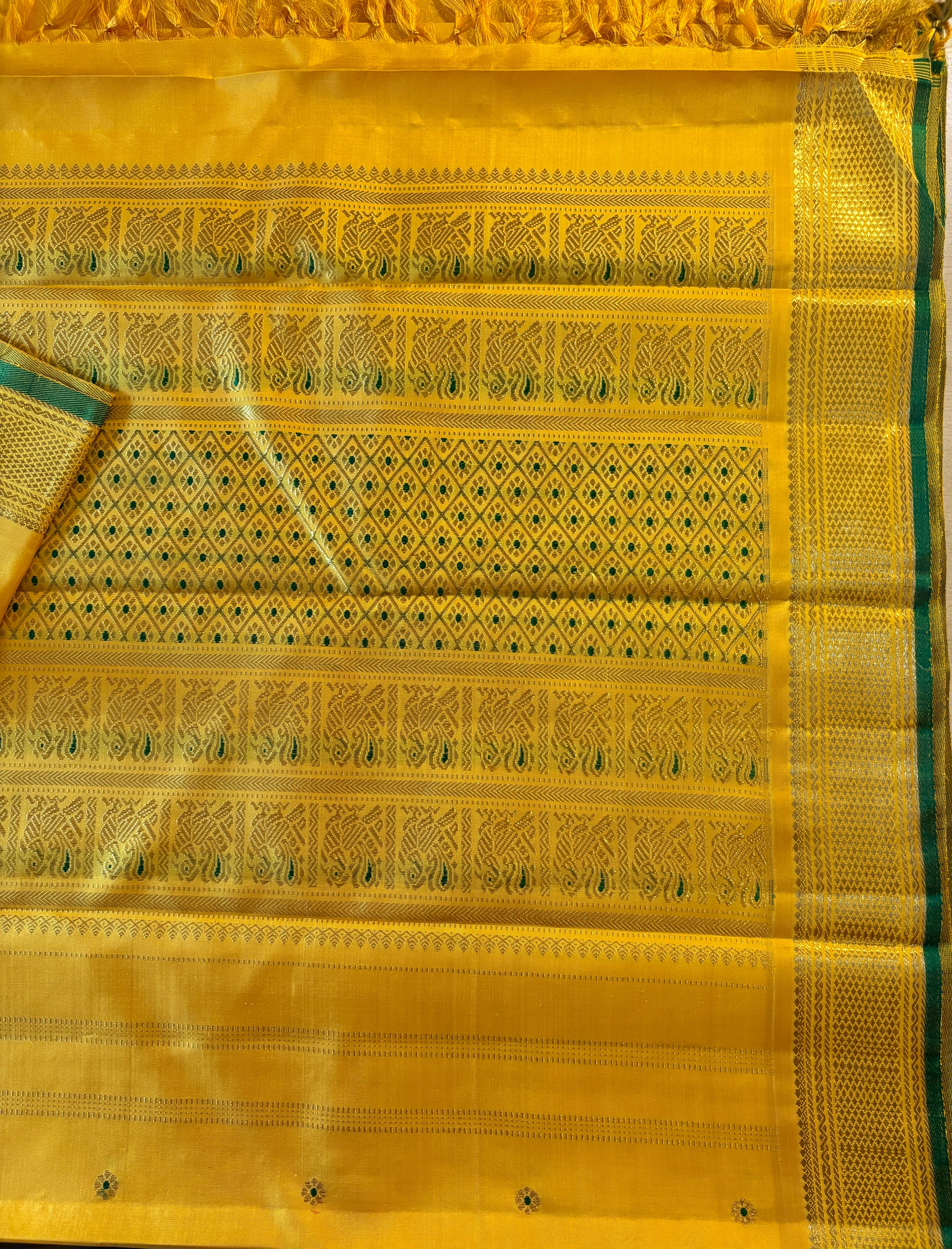 Golden Mustard Monotone Kanjivaram Silk Saree with Meenakari buttas - RK0763