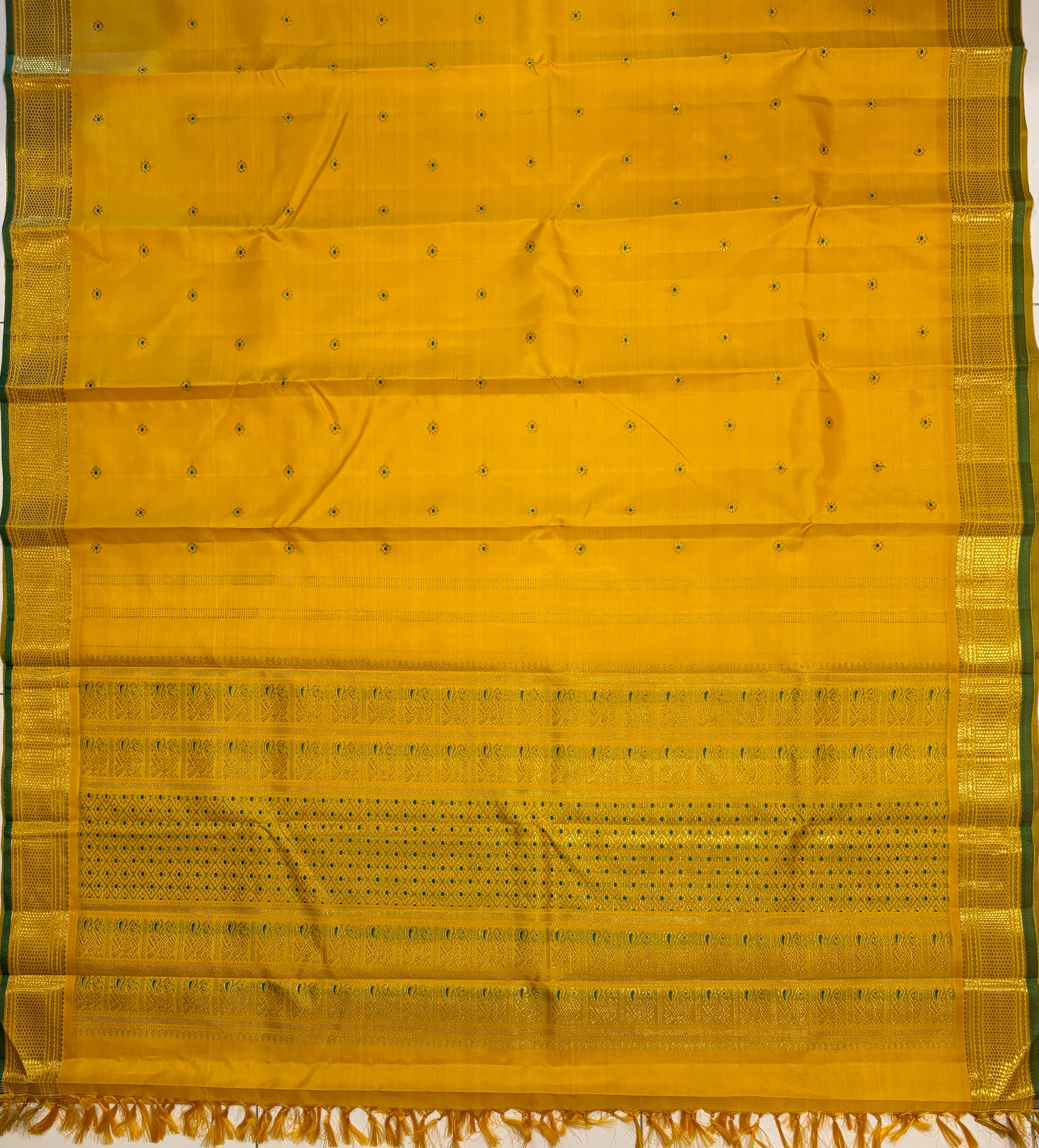 Golden Mustard Monotone Kanjivaram Silk Saree with Meenakari buttas - RK0763