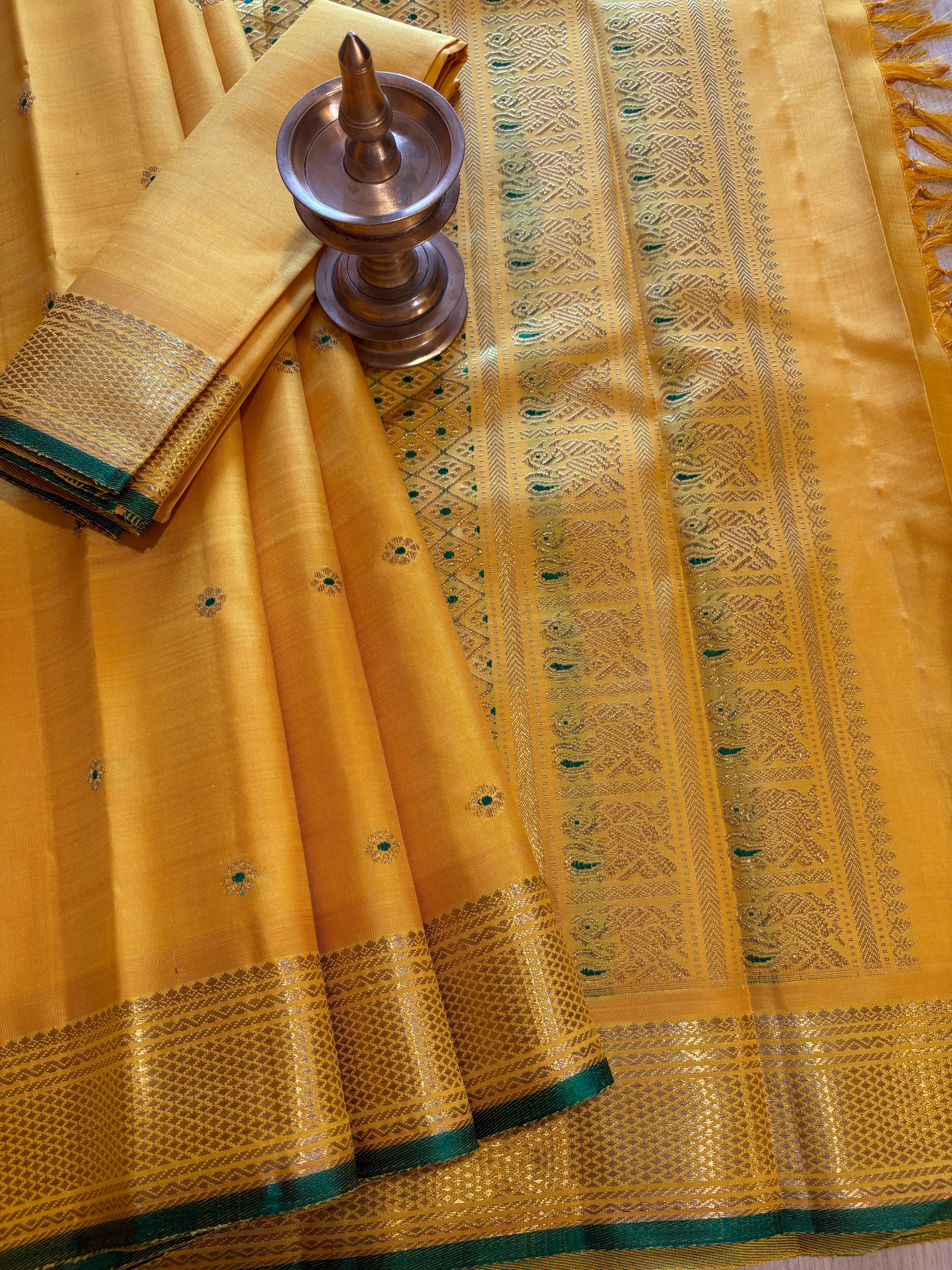 Golden Mustard Monotone Kanjivaram Silk Saree with Meenakari buttas - RK0763