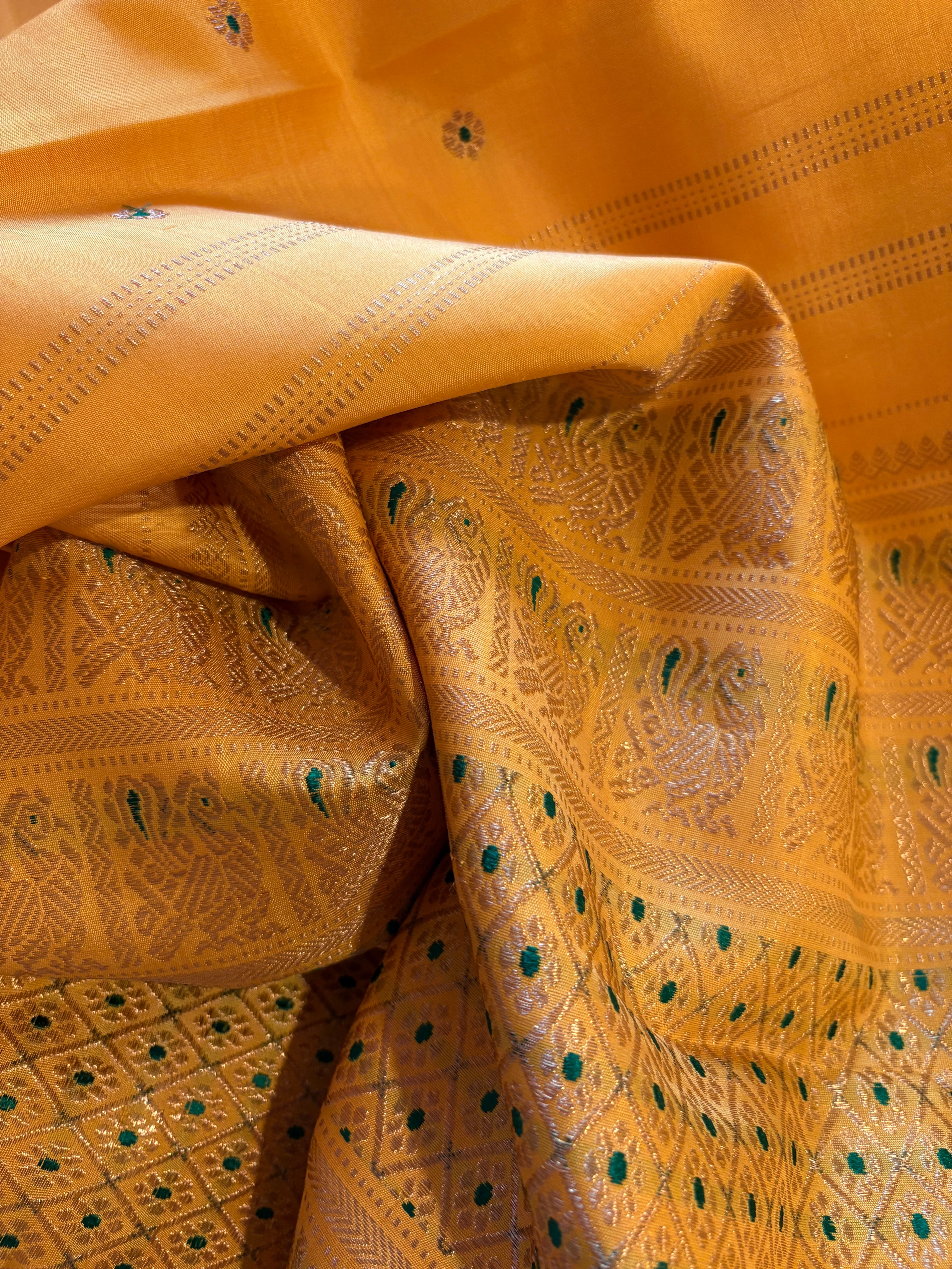 Golden Mustard Monotone Kanjivaram Silk Saree with Meenakari buttas - RK0763