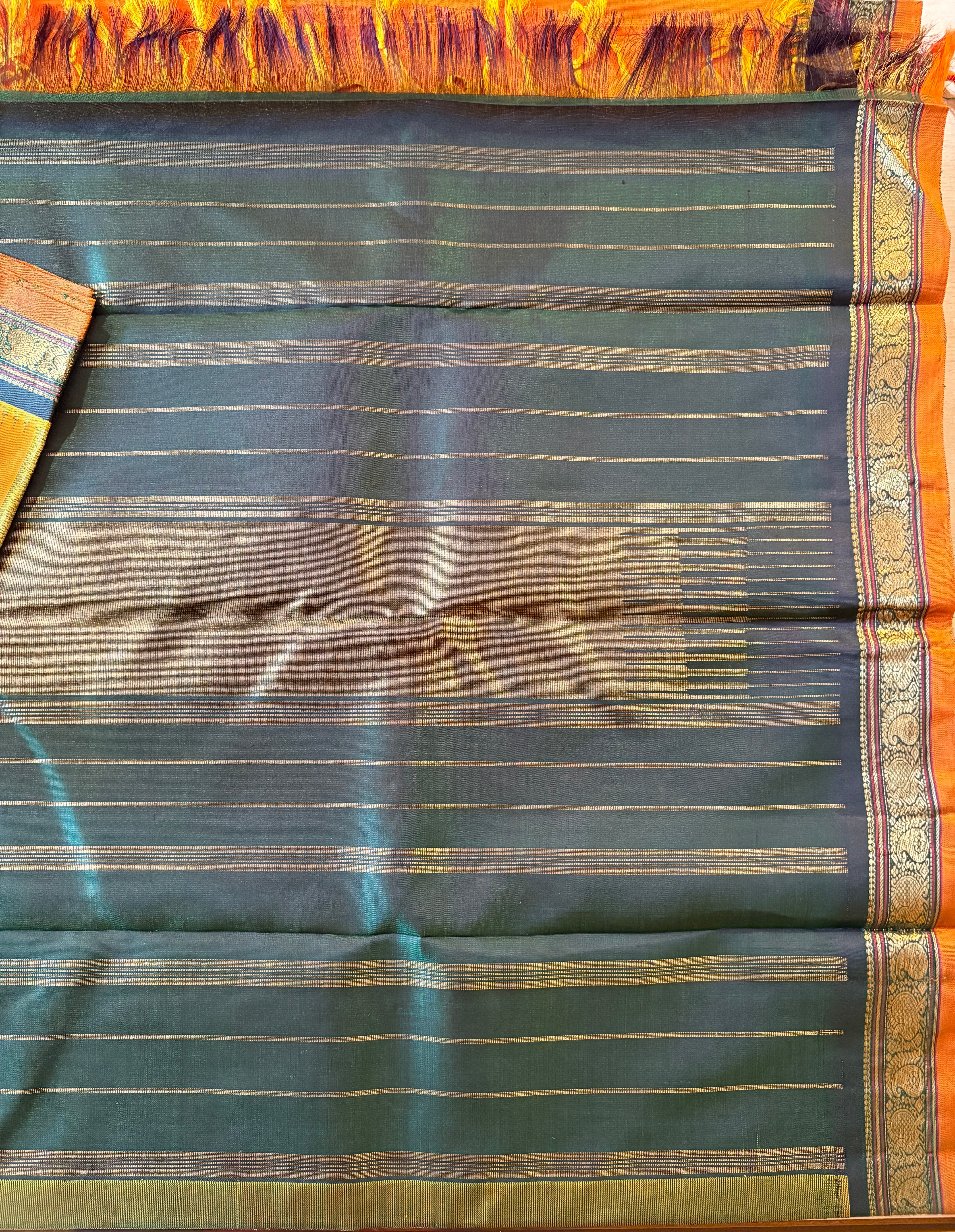 Mambazha Manjal Korvai Kanjivaram Silk Saree with Dark green Reku border - RK0334