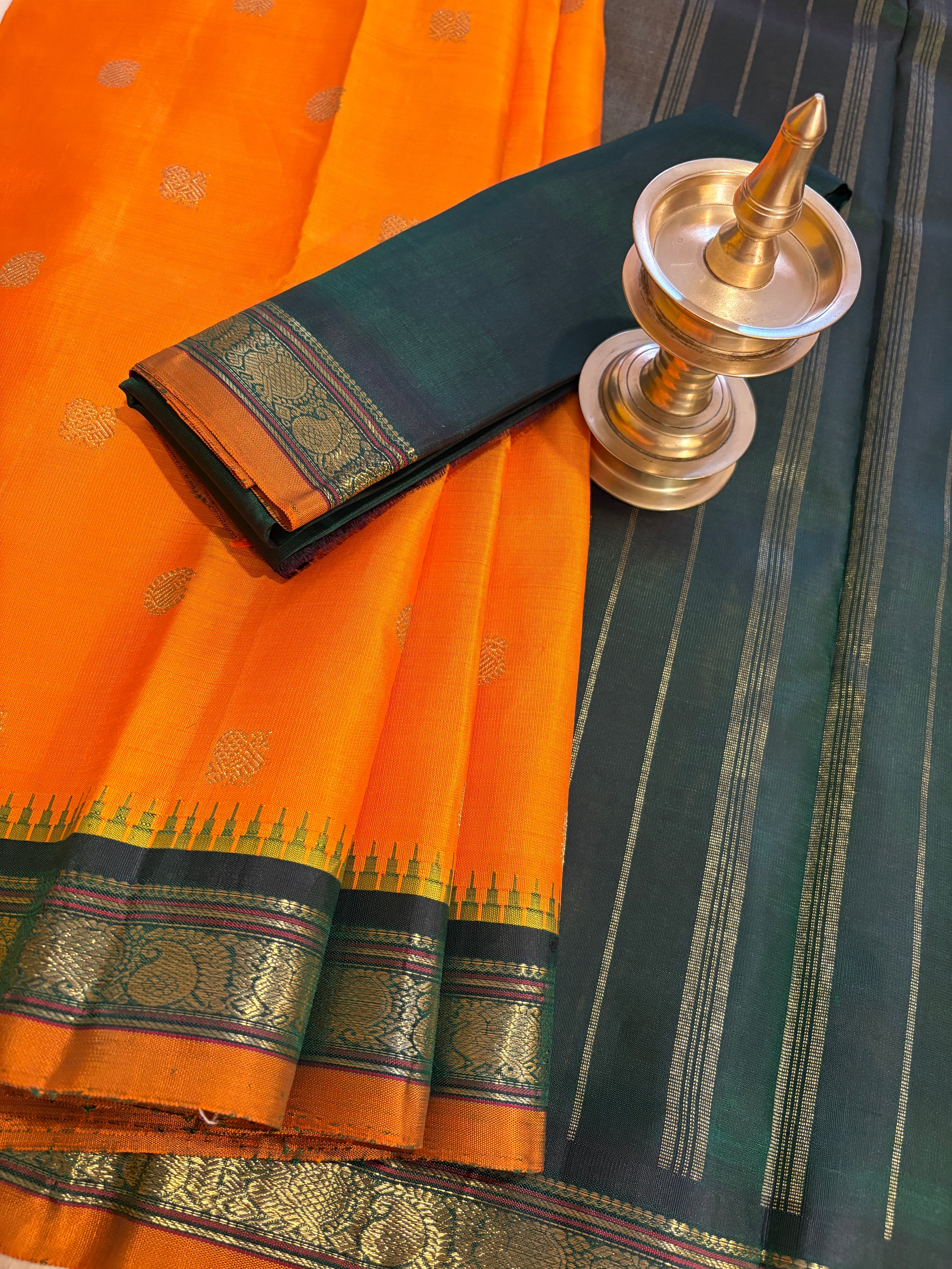 Mambazha Manjal Korvai Kanjivaram Silk Saree with Dark green Reku border - RK0334