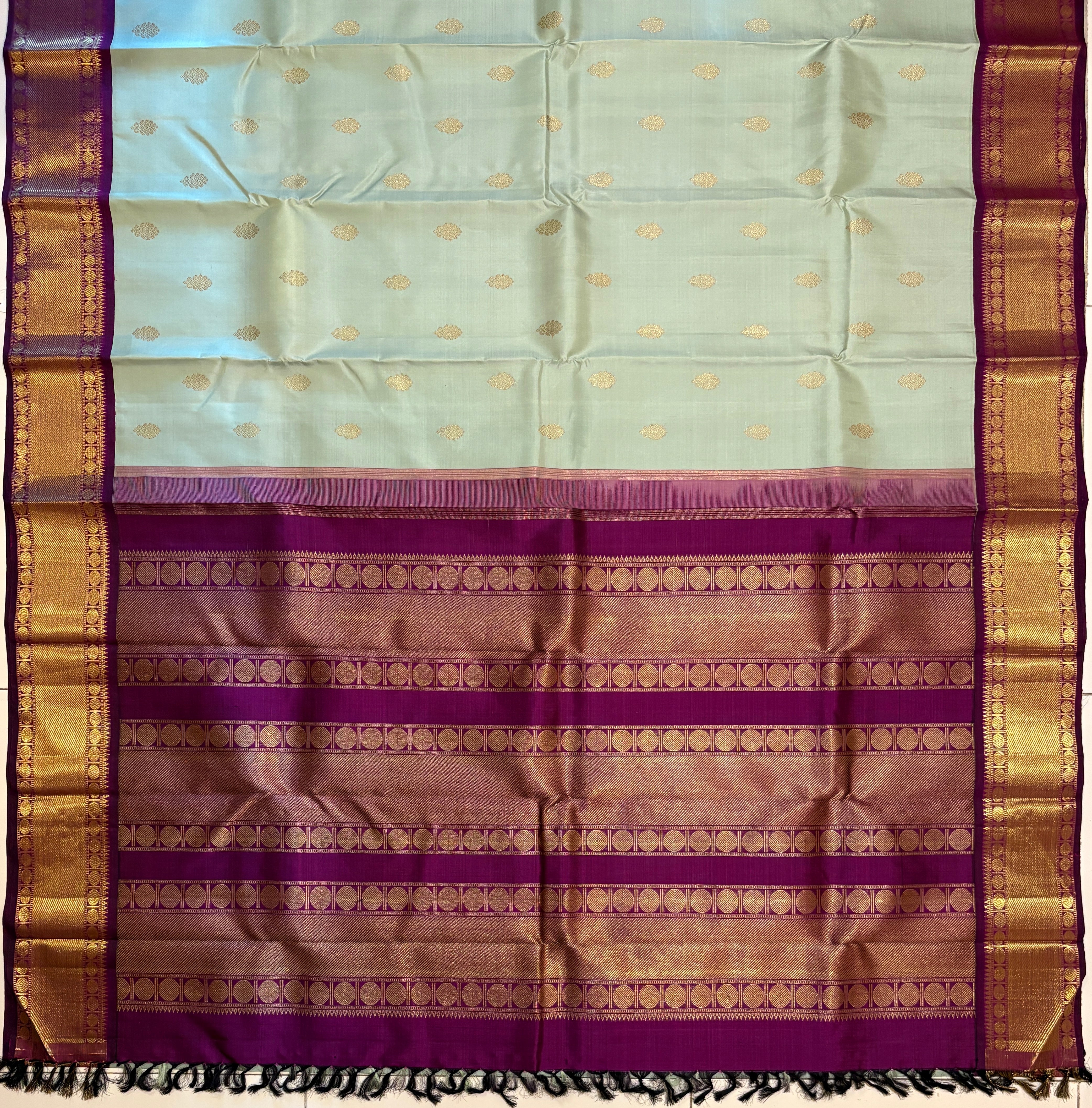 Dusty Elaichi Green Korvai Kanjivaram as Silk Saree with Wine border - RK0259