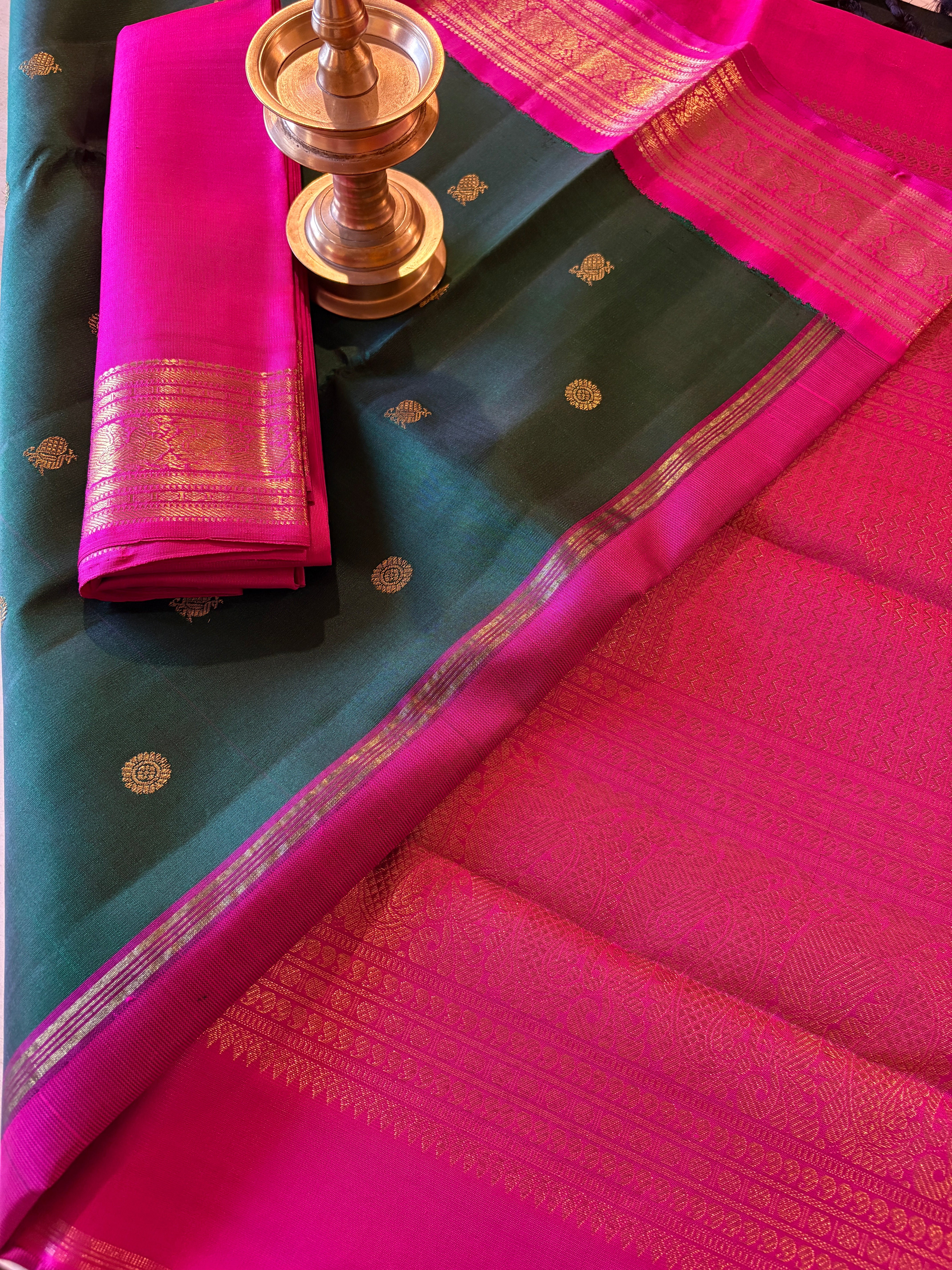 Velvety Dark Green Korvai Kanjivaram Silk Saree with Candy Rose border - RK0488