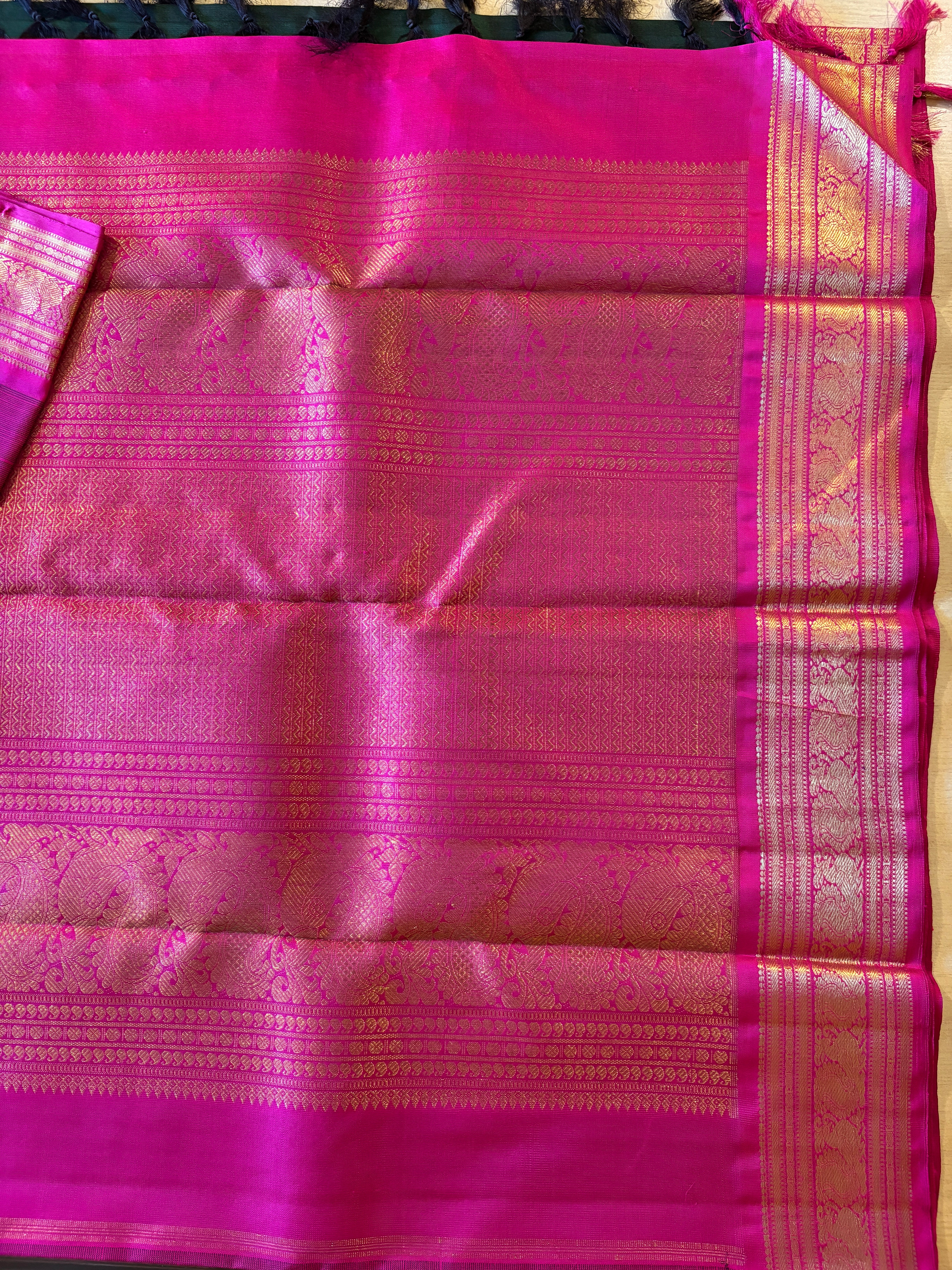 Velvety Dark Green Korvai Kanjivaram Silk Saree with Candy Rose border - RK0488