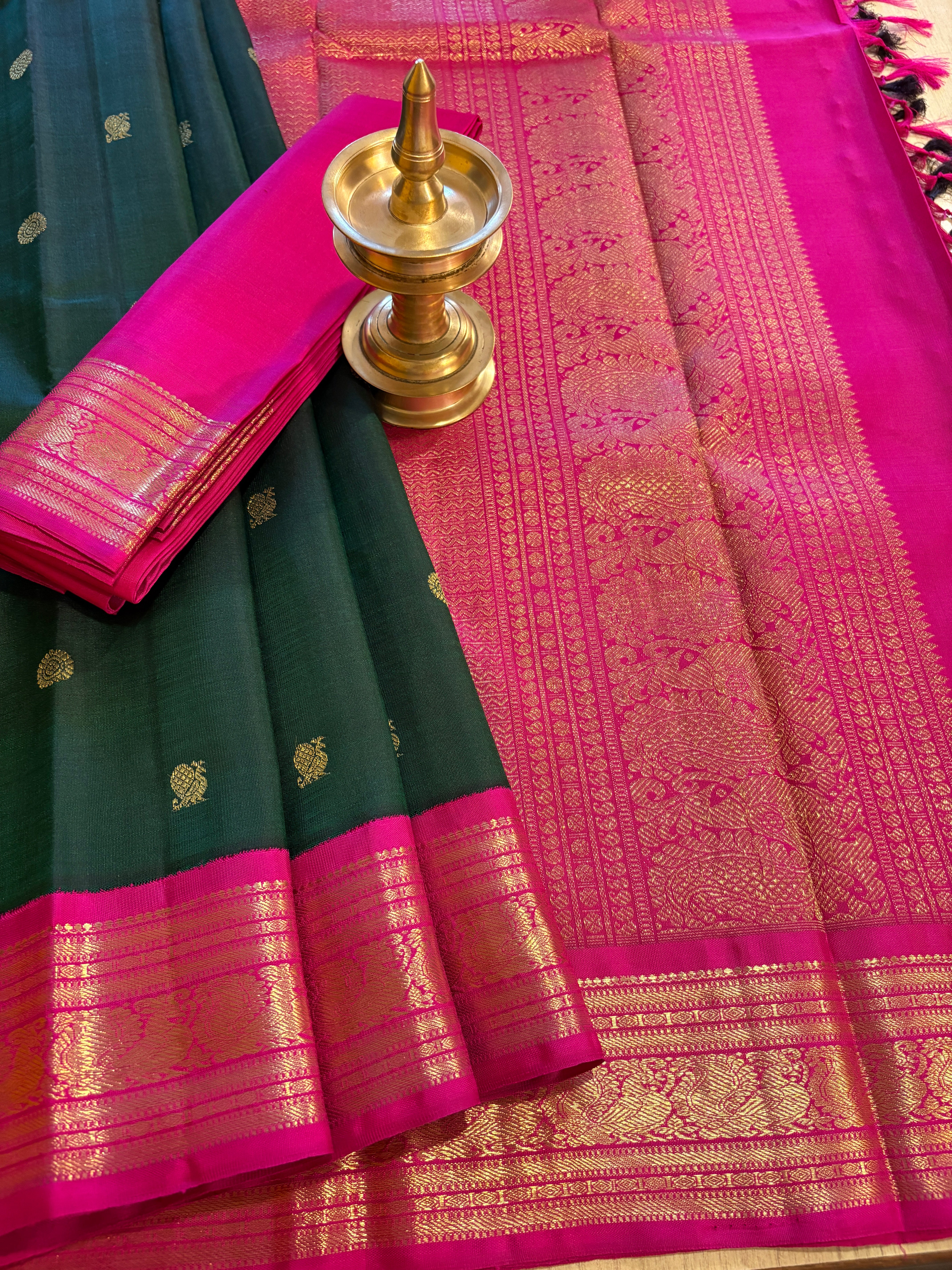 Velvety Dark Green Korvai Kanjivaram Silk Saree with Candy Rose border - RK0488