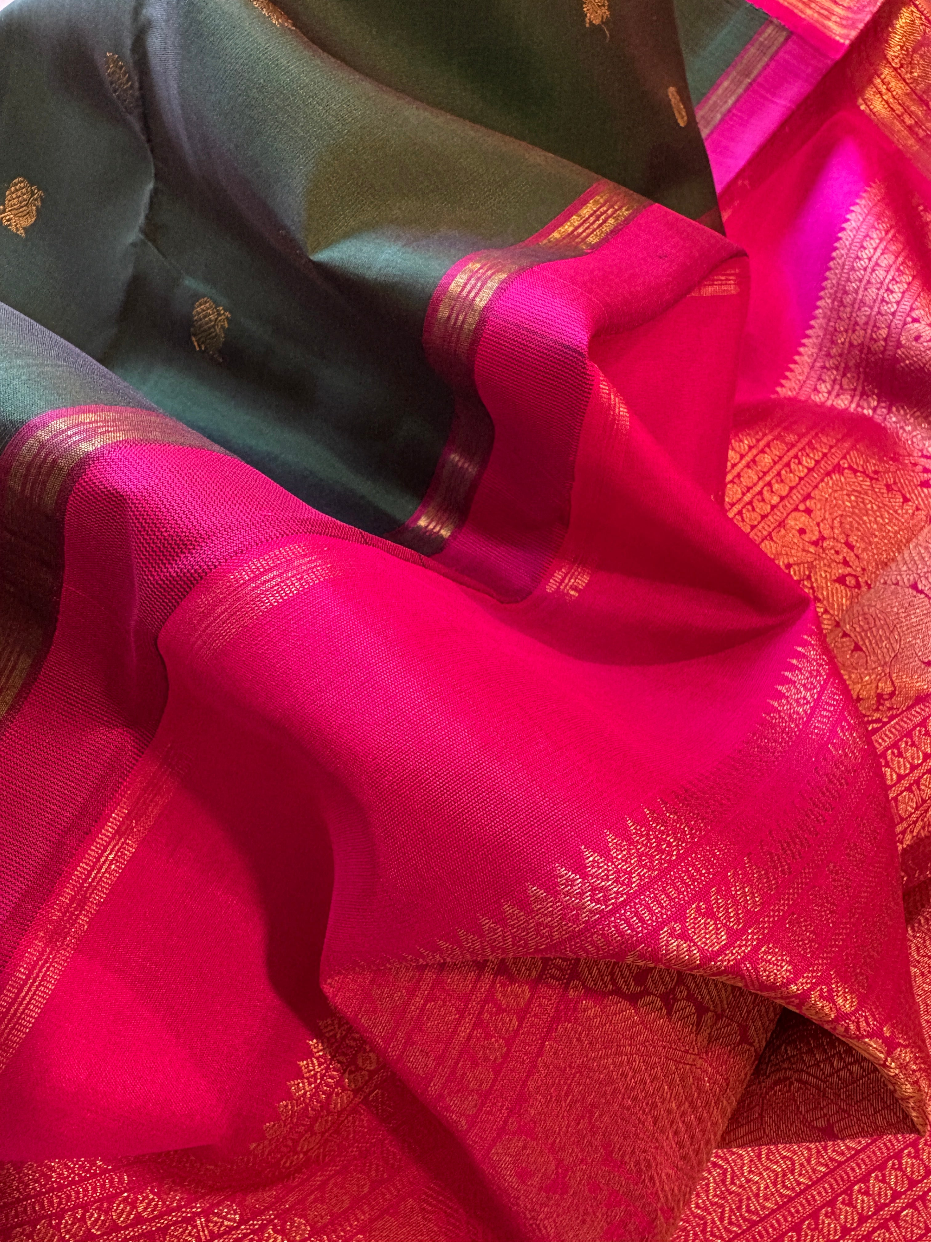 Velvety Dark Green Korvai Kanjivaram Silk Saree with Candy Rose border - RK0488