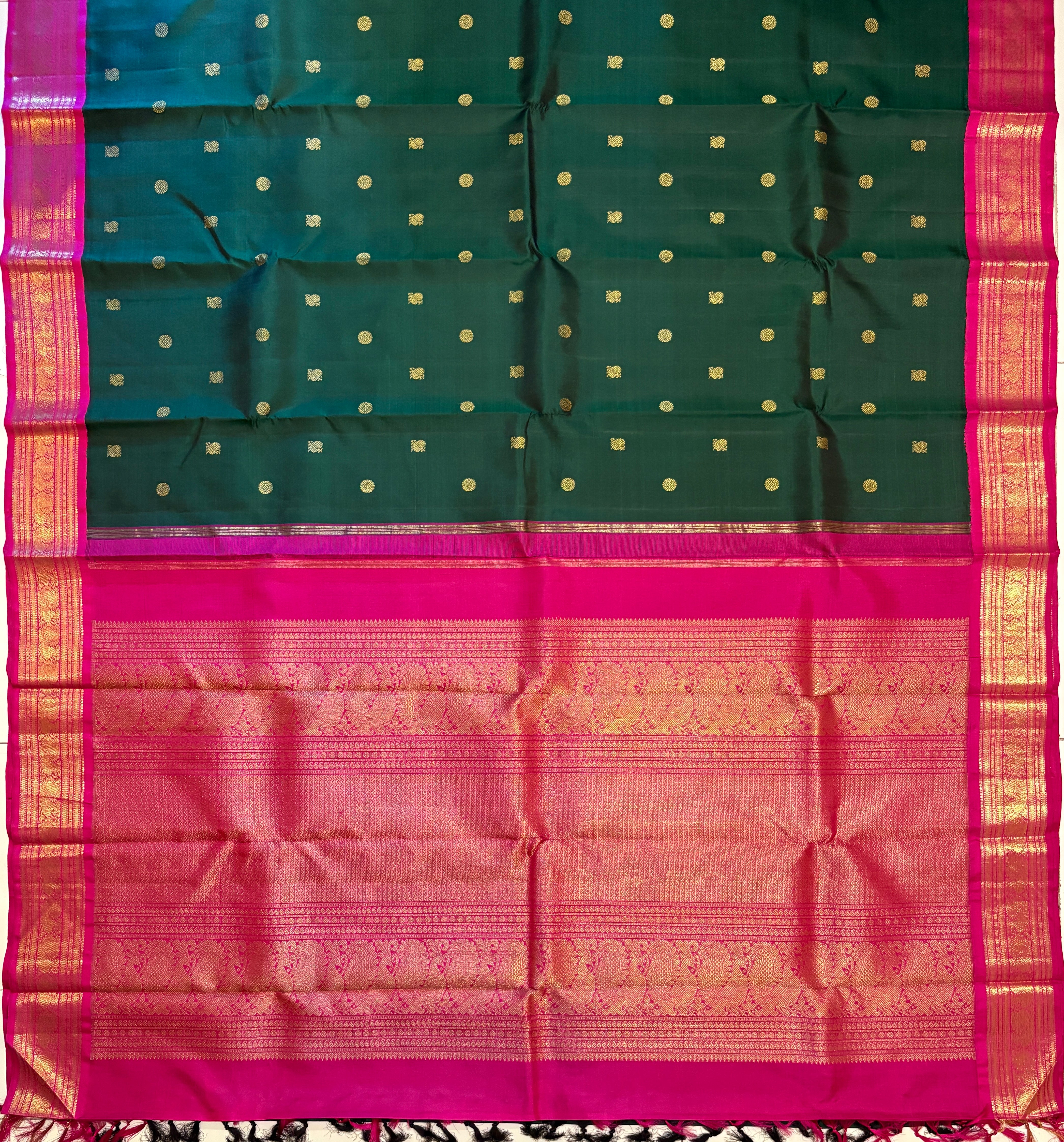Velvety Dark Green Korvai Kanjivaram Silk Saree with Candy Rose border - RK0488