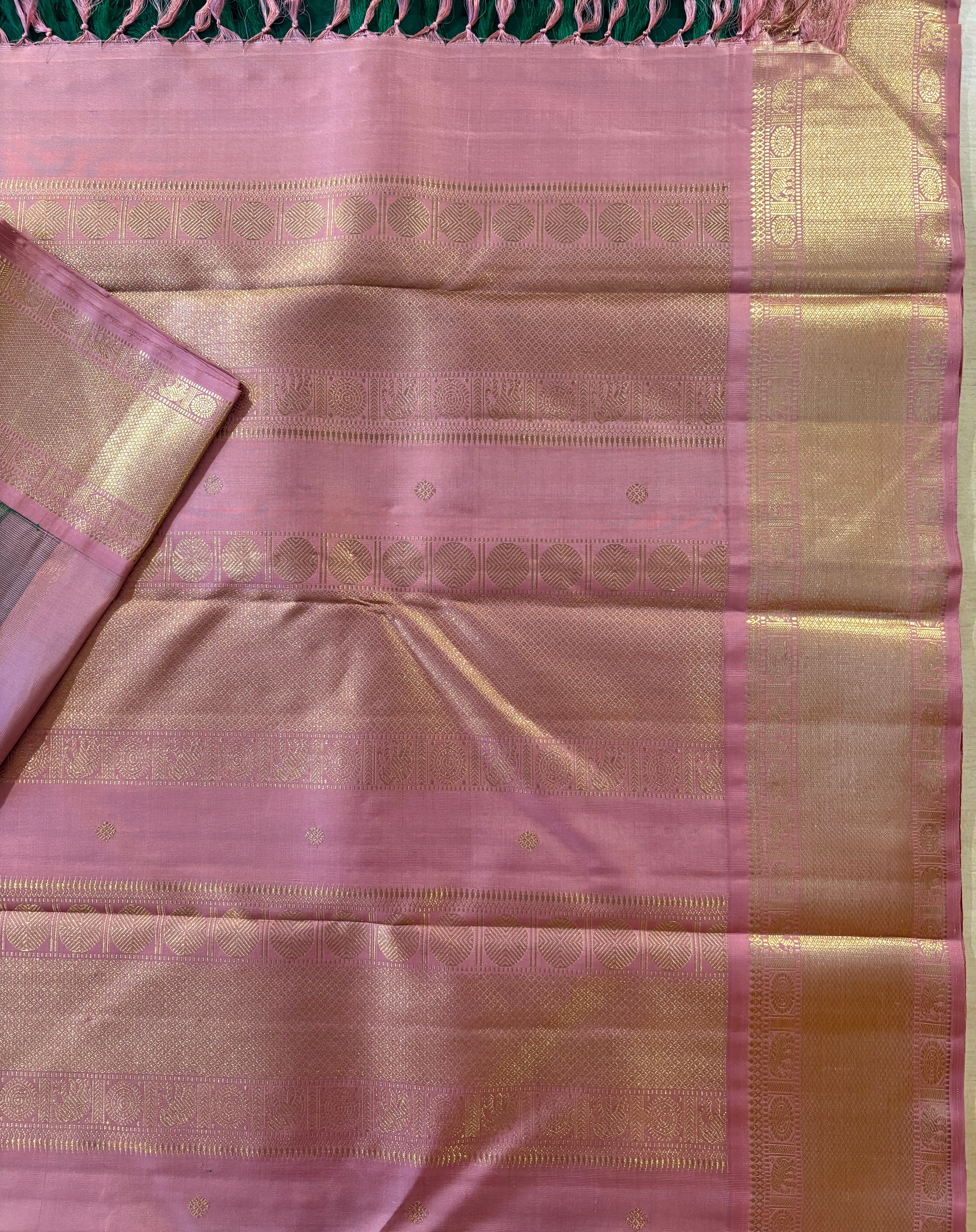Beautiful Dark Green Korvai Kanjivaram Silk Saree with Dusty pink Border - RK0413