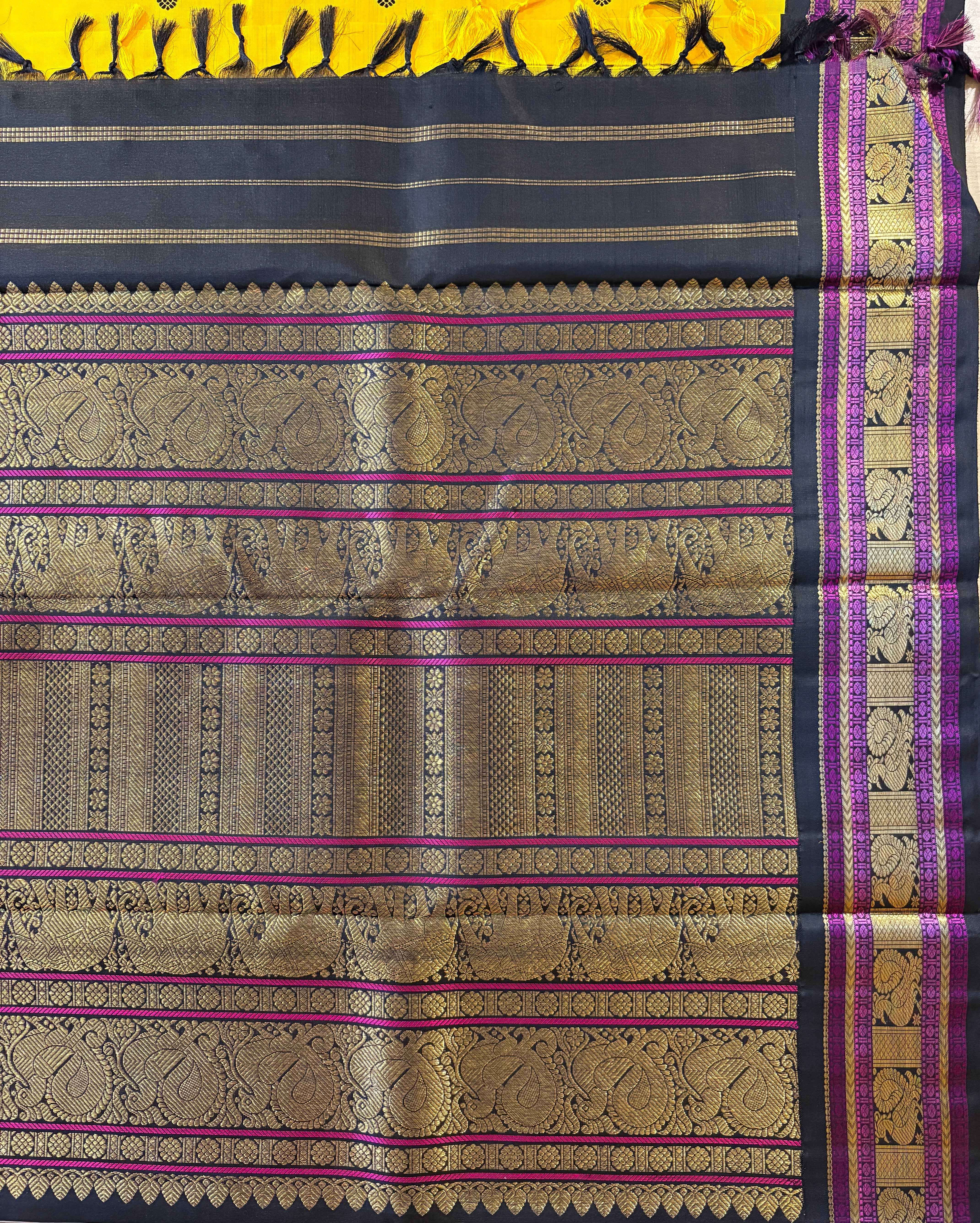 Turmeric yellow Korvai Kanjivaram Silk Saree with Navy Black border - RK091