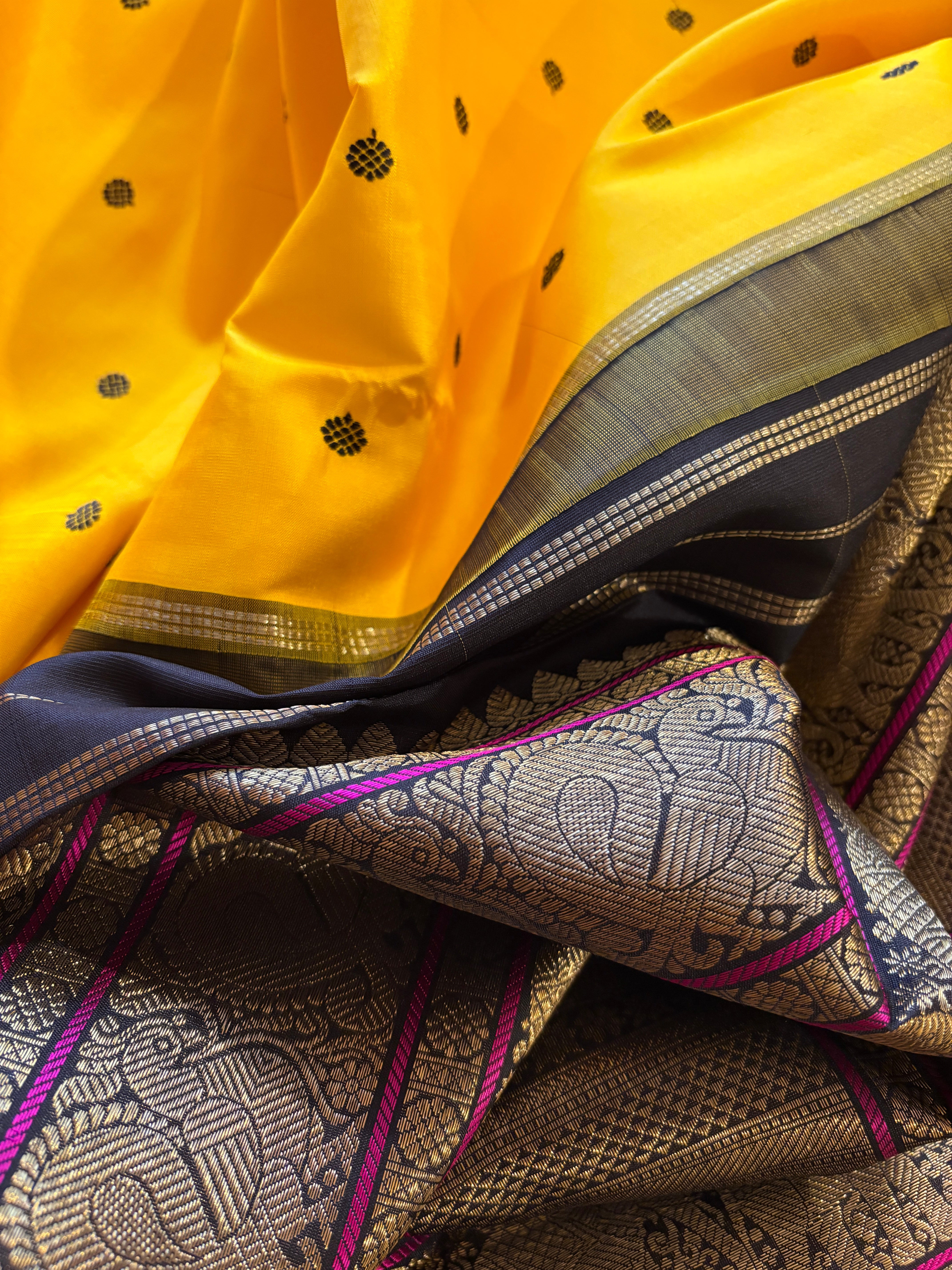Turmeric yellow Korvai Kanjivaram Silk Saree with Navy Black border - RK091