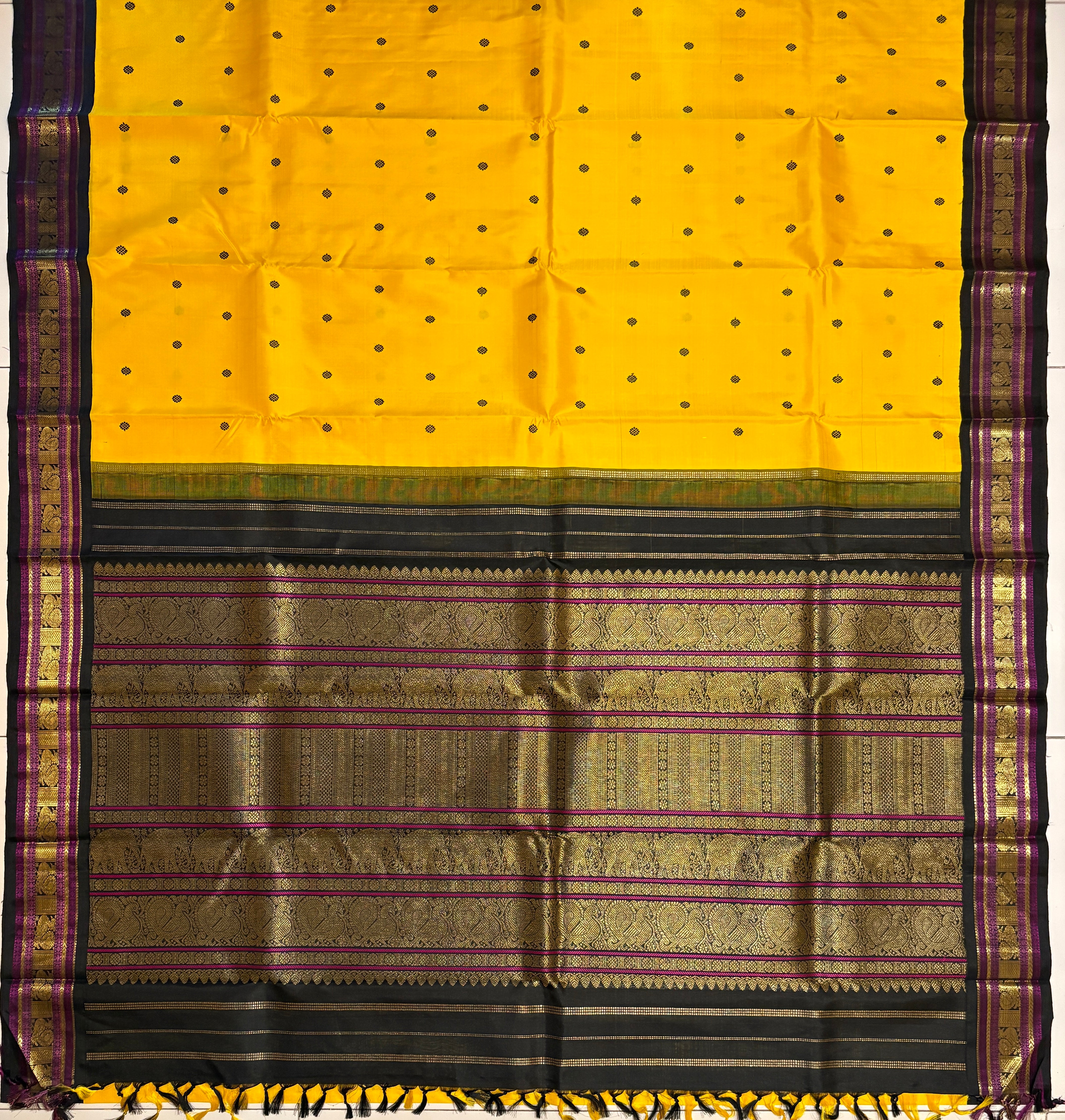 Turmeric yellow Korvai Kanjivaram Silk Saree with Navy Black border - RK091