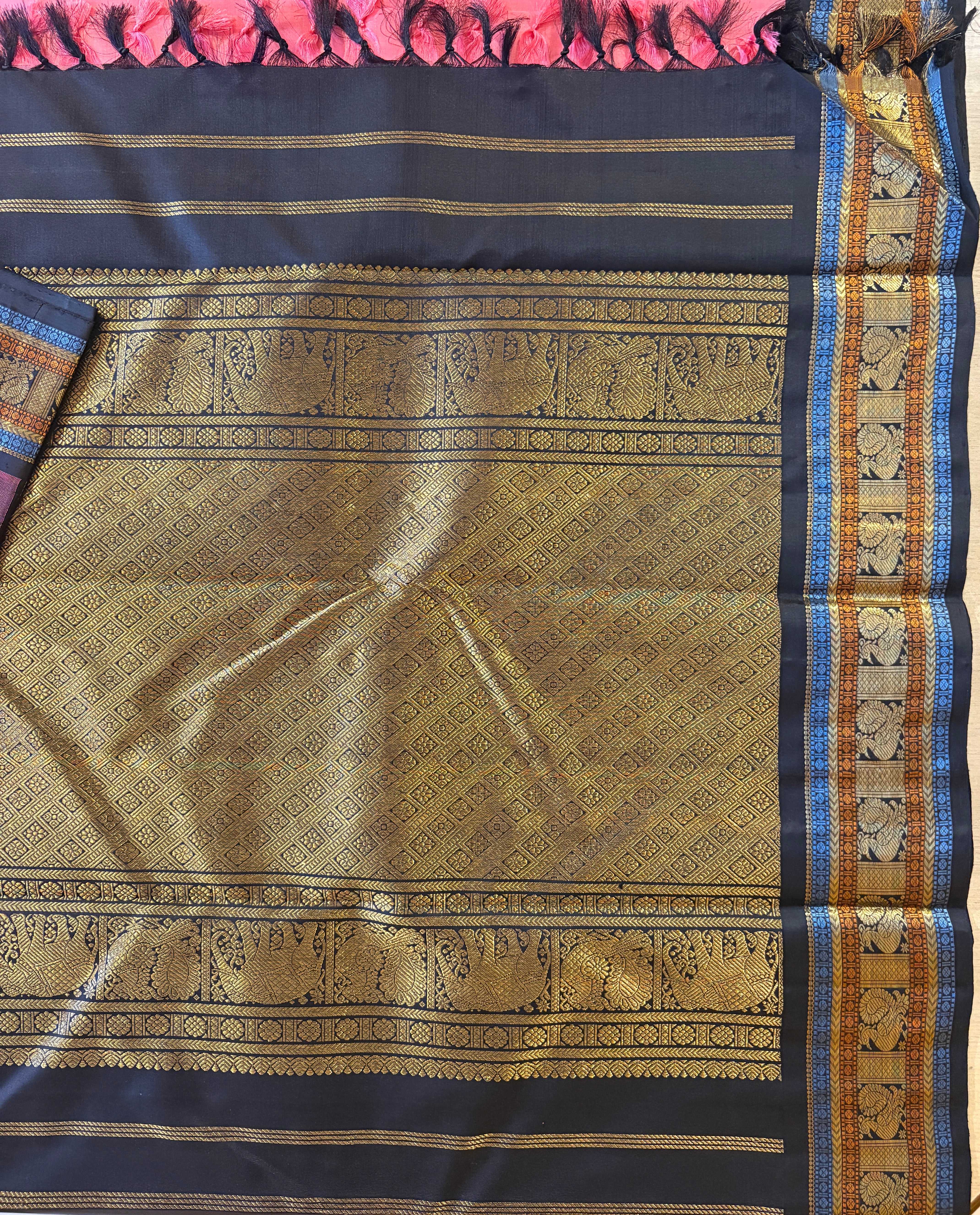 Peach Korvai Kanjivaram Silk Saree with deep Navy/Midnight blue border - RK0468