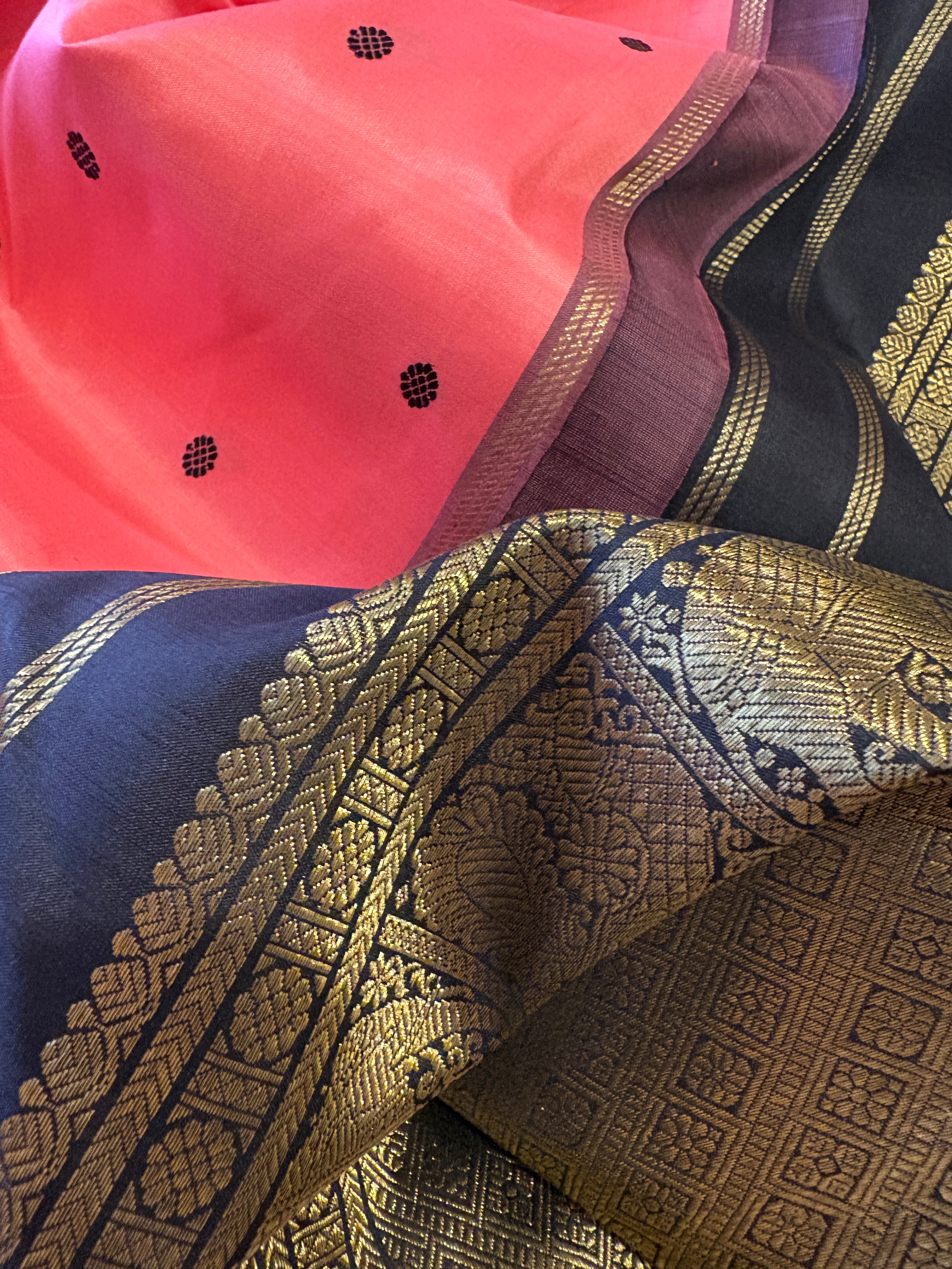 Peach Korvai Kanjivaram Silk Saree with deep Navy/Midnight blue border - RK0468