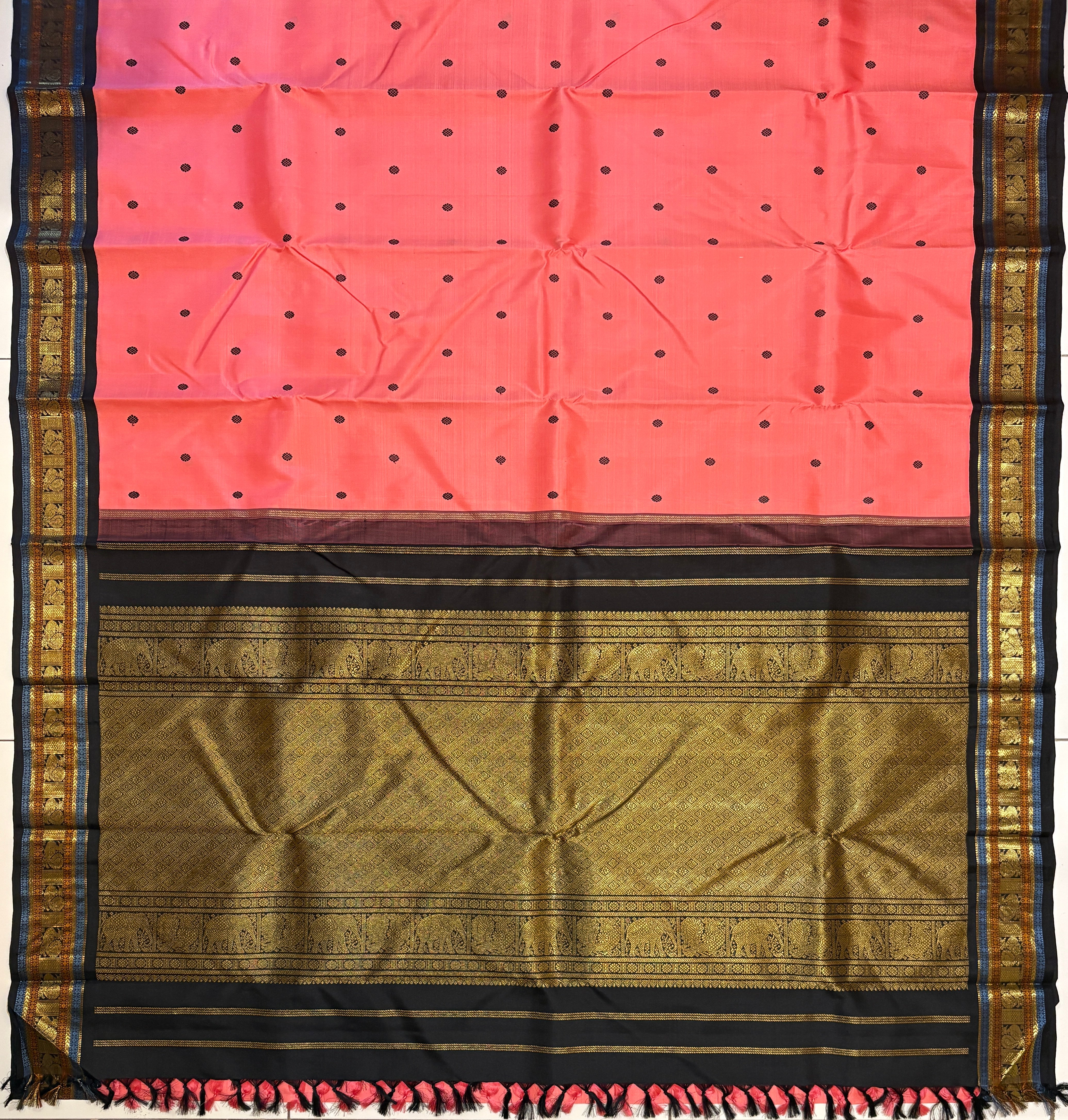 Peach Korvai Kanjivaram Silk Saree with deep Navy/Midnight blue border - RK0468