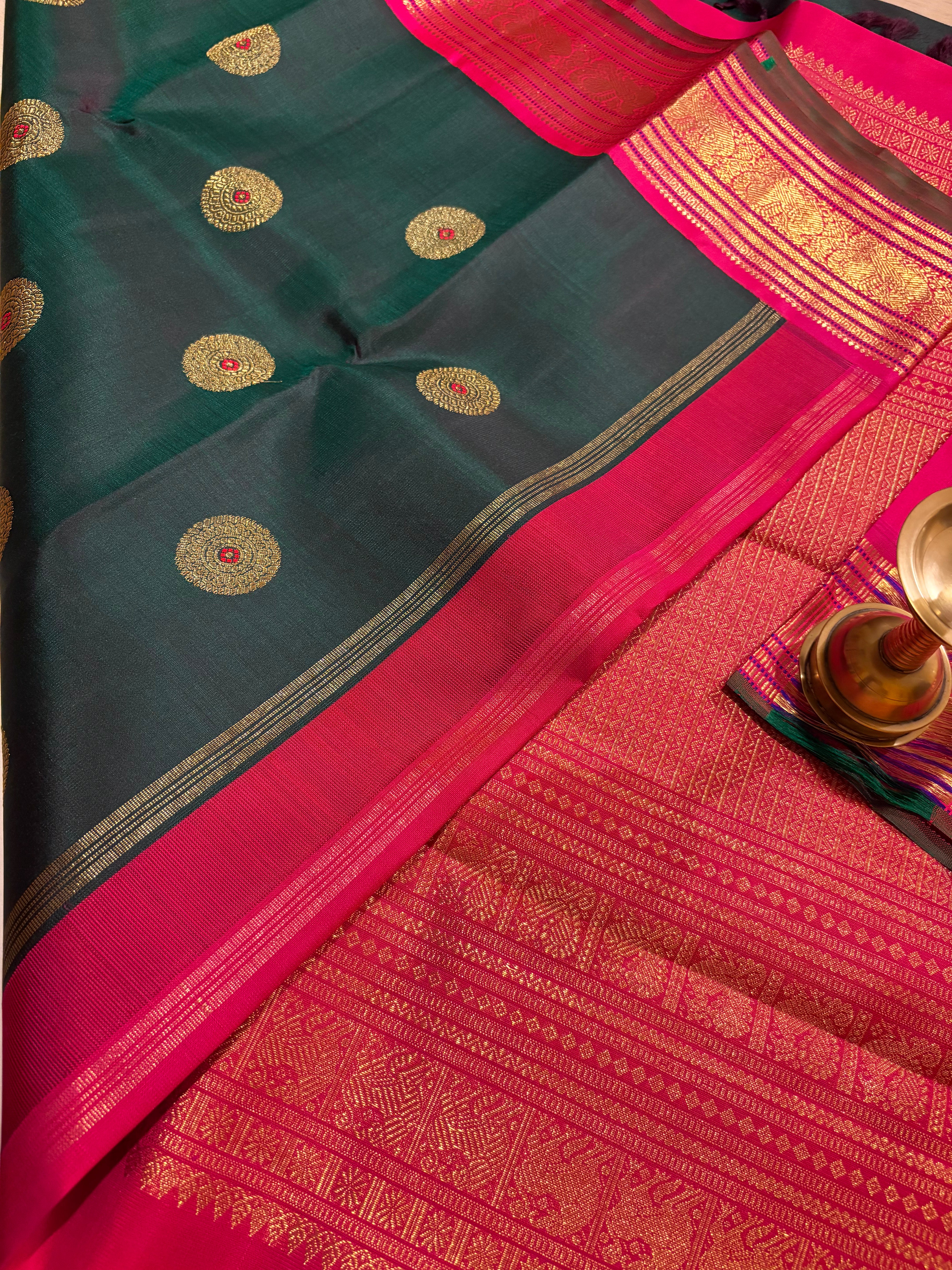 Dark Green Korvai Kanjivaram Silk Saree with Rani Pink Border RK0517