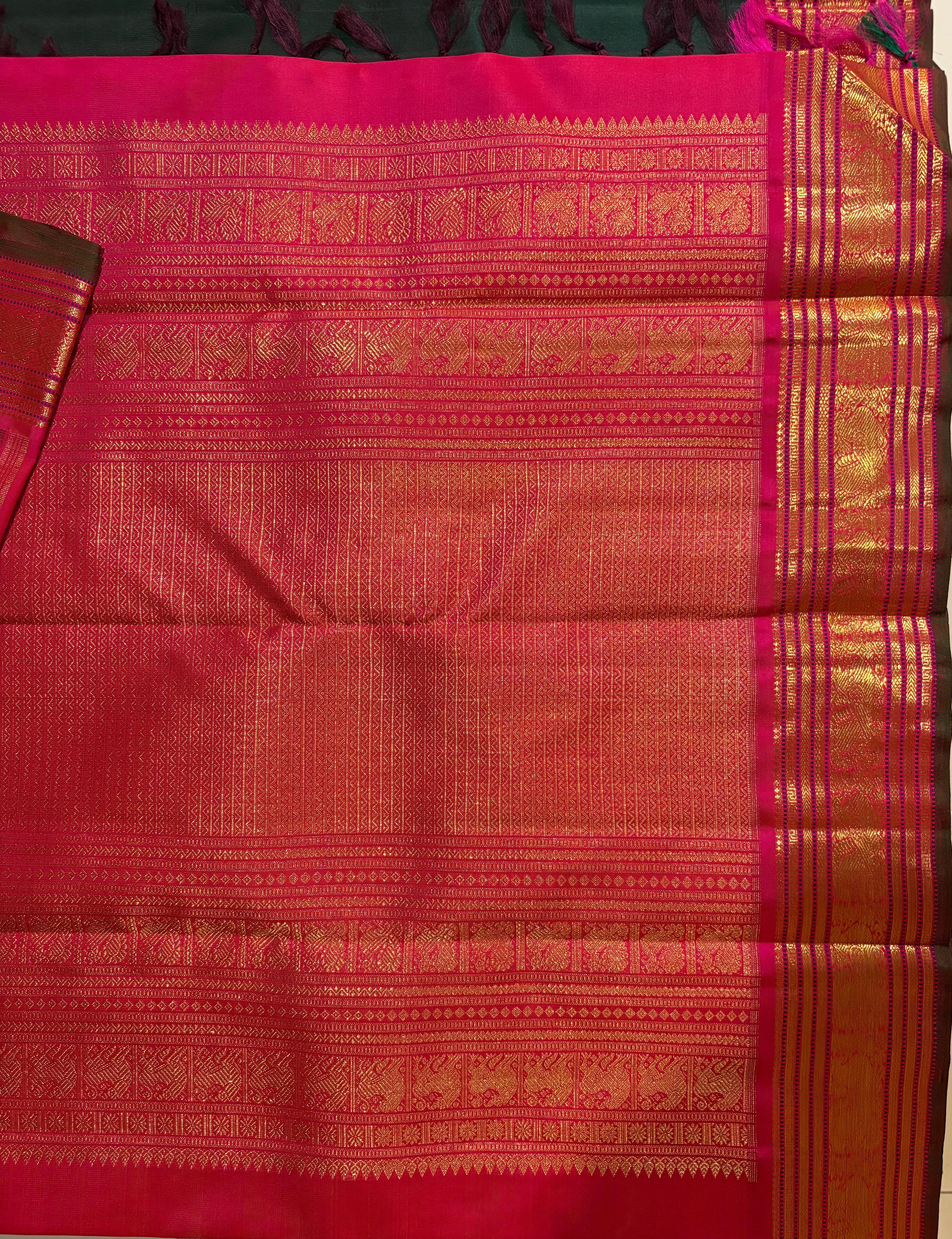 Dark Green Korvai Kanjivaram Silk Saree with Rani Pink Border RK0517