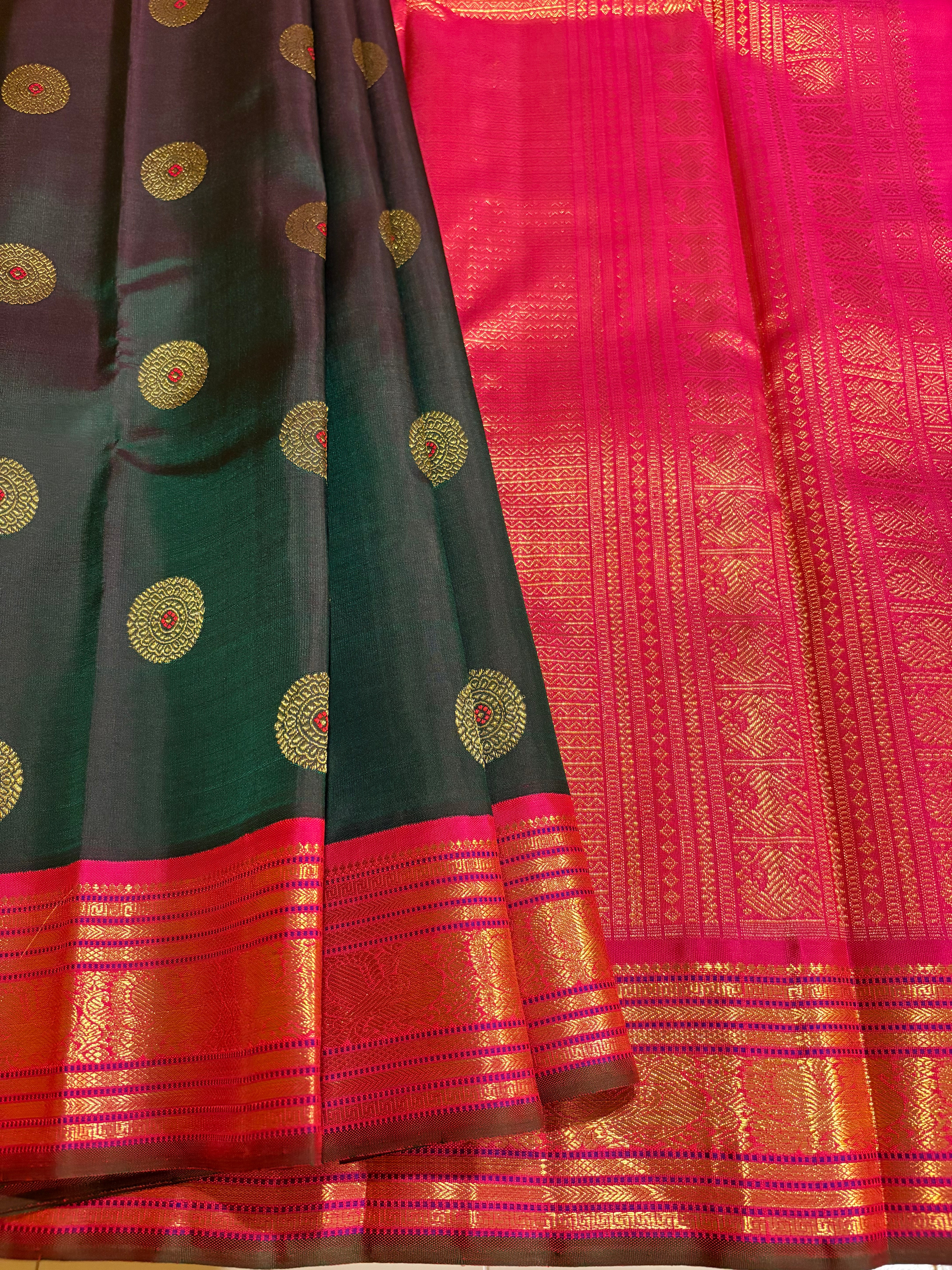 Dark Green Korvai Kanjivaram Silk Saree with Rani Pink Border RK0517