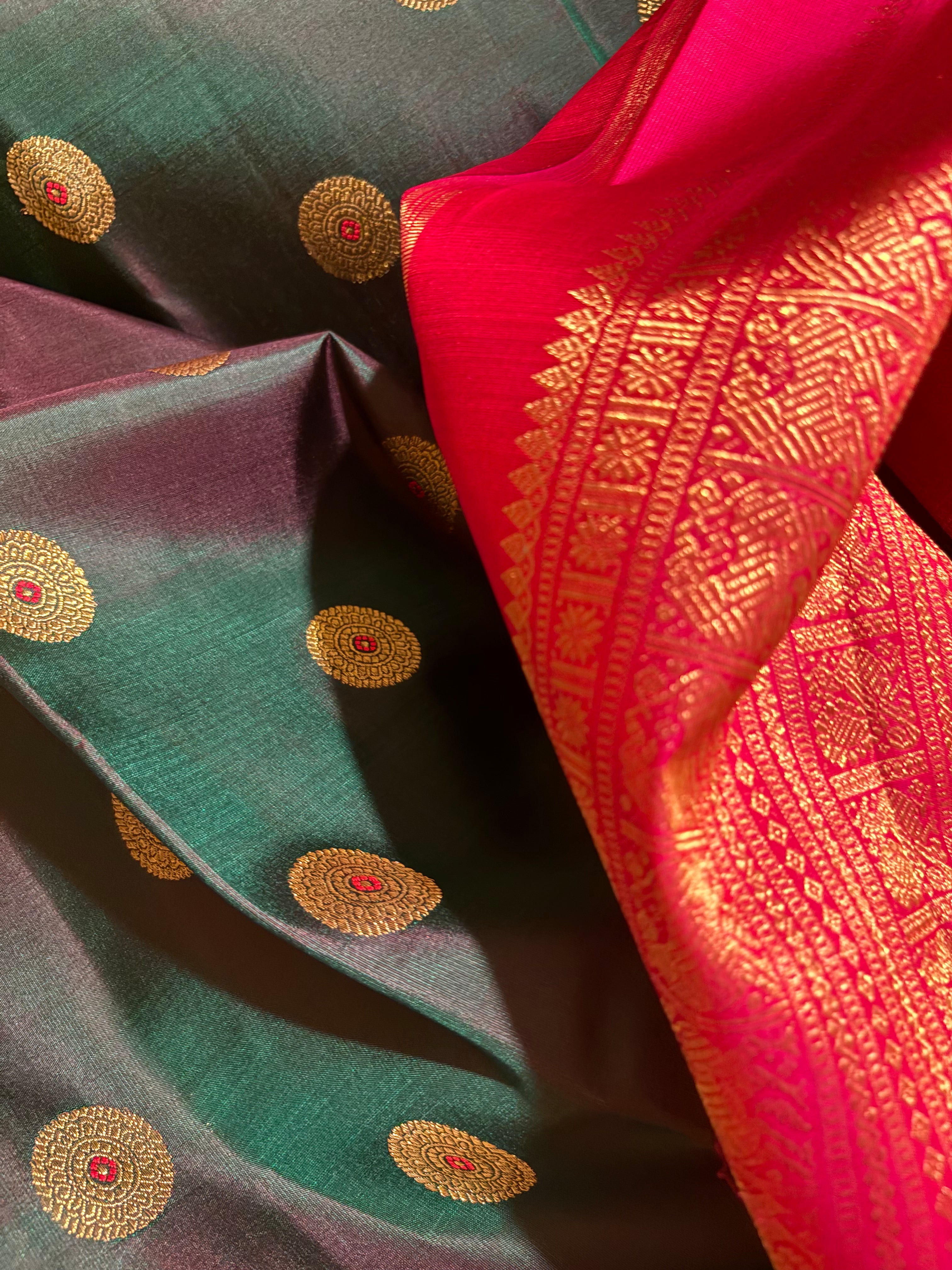 Dark Green Korvai Kanjivaram Silk Saree with Rani Pink Border RK0517