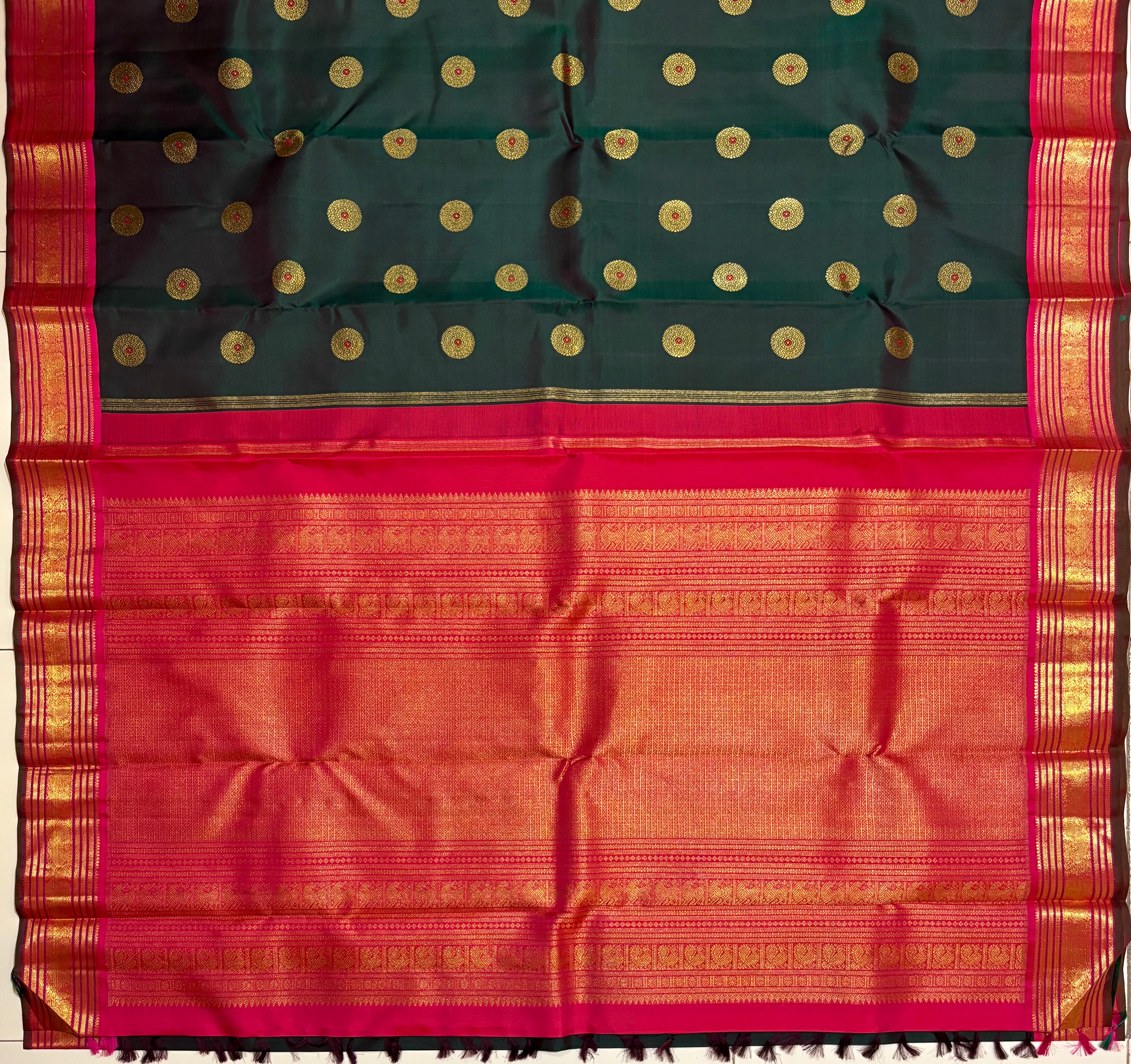 Dark Green Korvai Kanjivaram Silk Saree with Rani Pink Border RK0517
