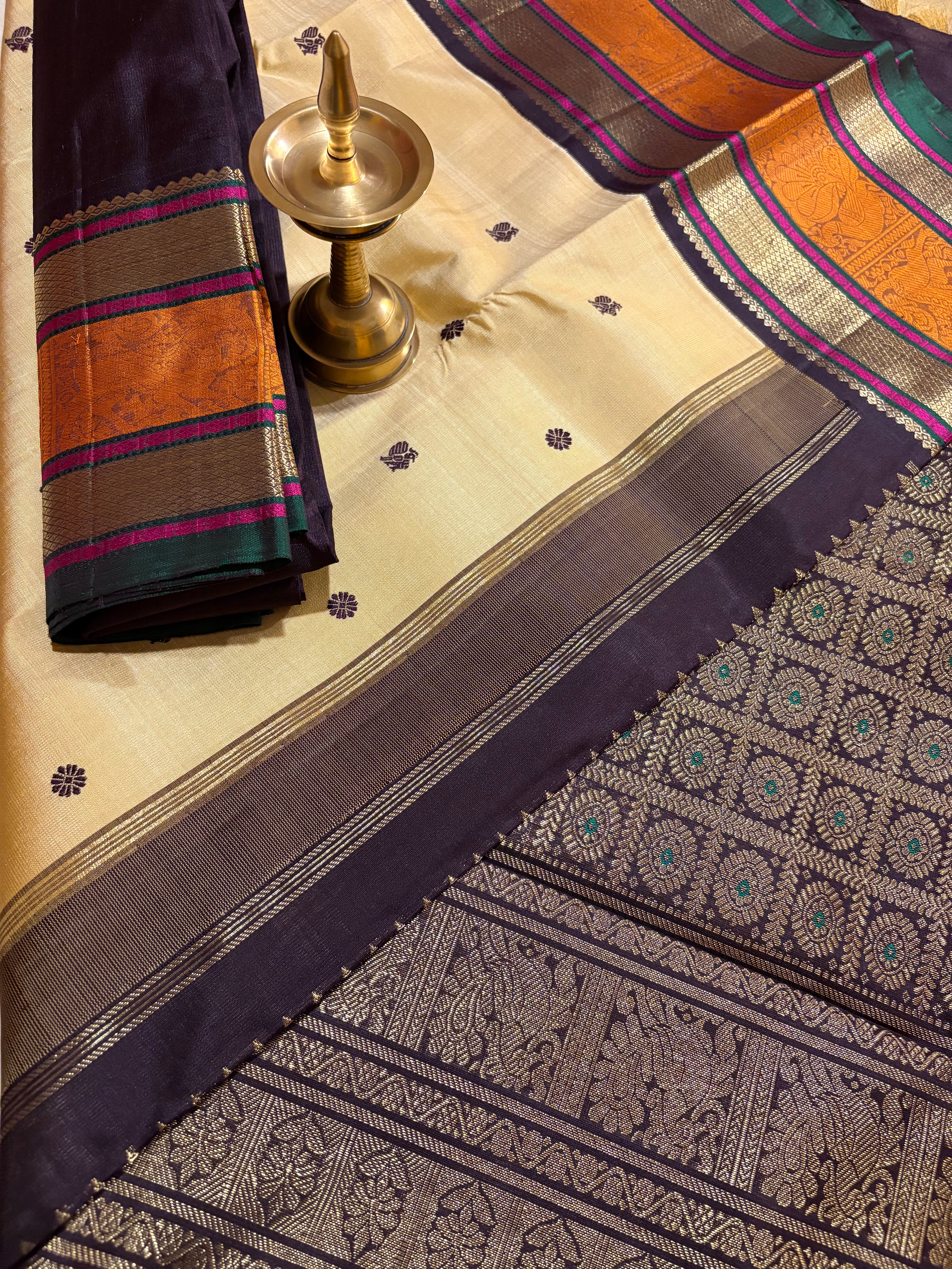 Beige Korvai Kanjivaram Silk saree with Kanchana Double Border RK0354