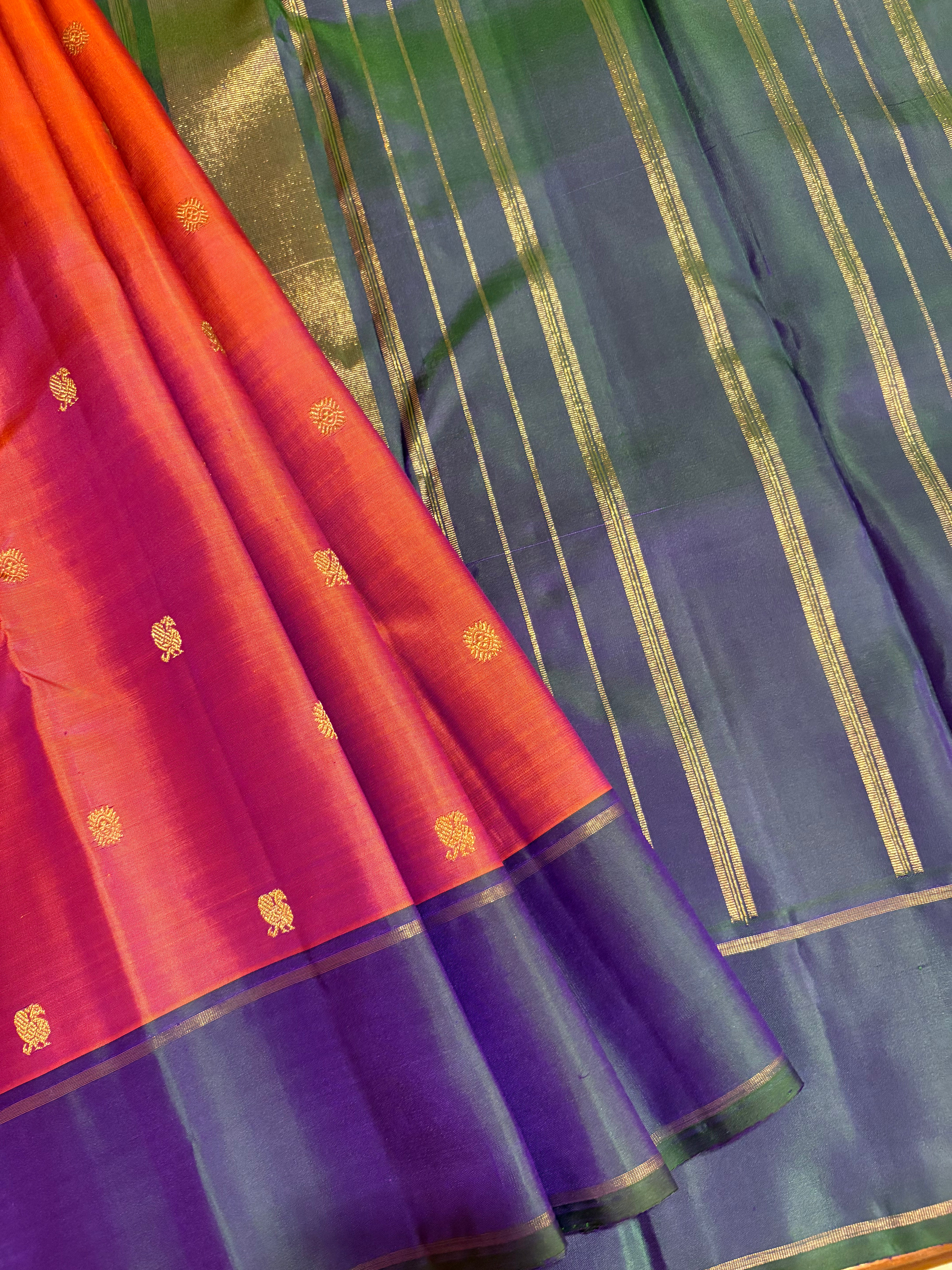 Dark Geva Kanjivaram Silk Saree with Peacock colour border RK0645