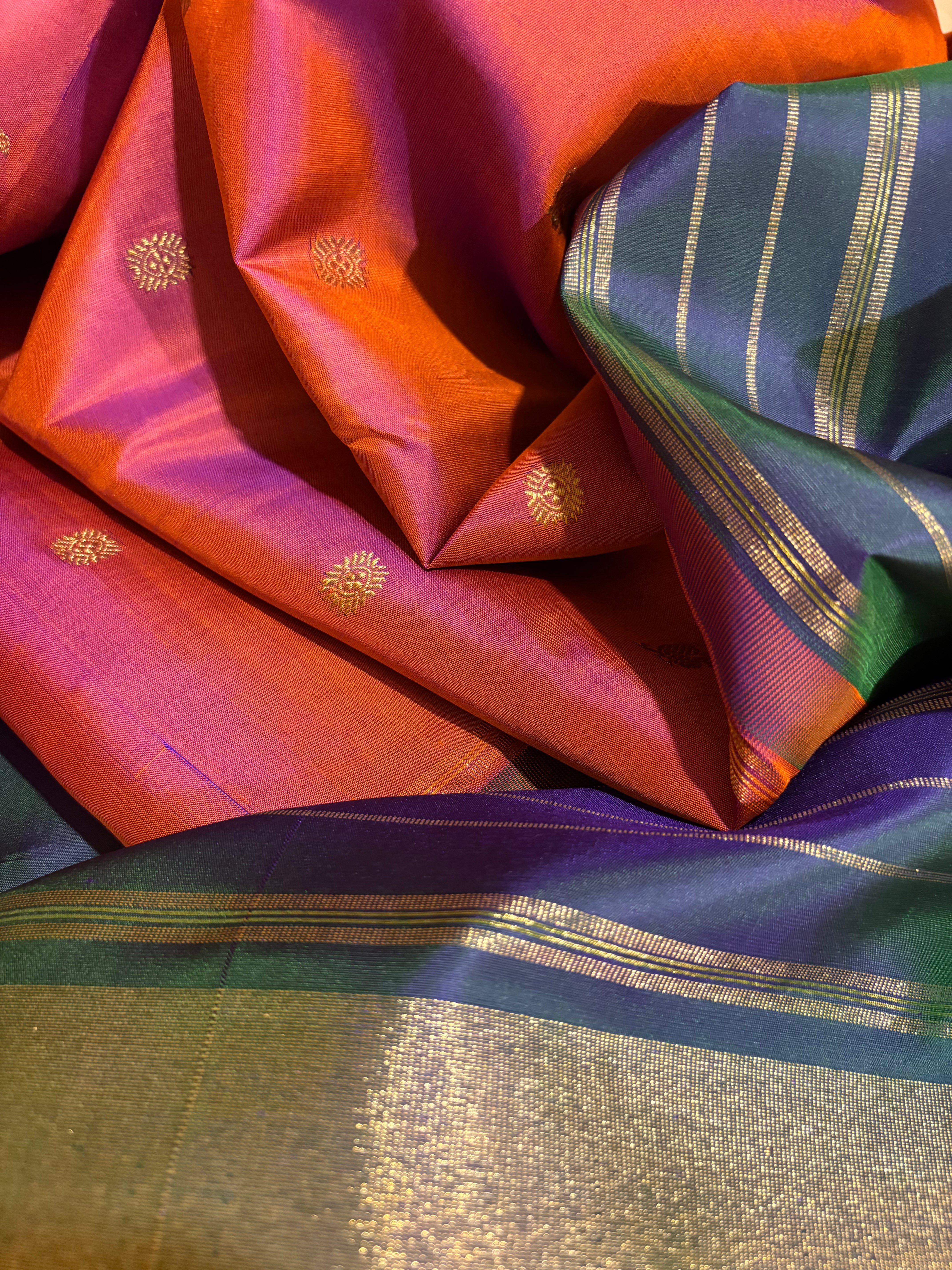 Dark Geva Kanjivaram Silk Saree with Peacock colour border RK0645