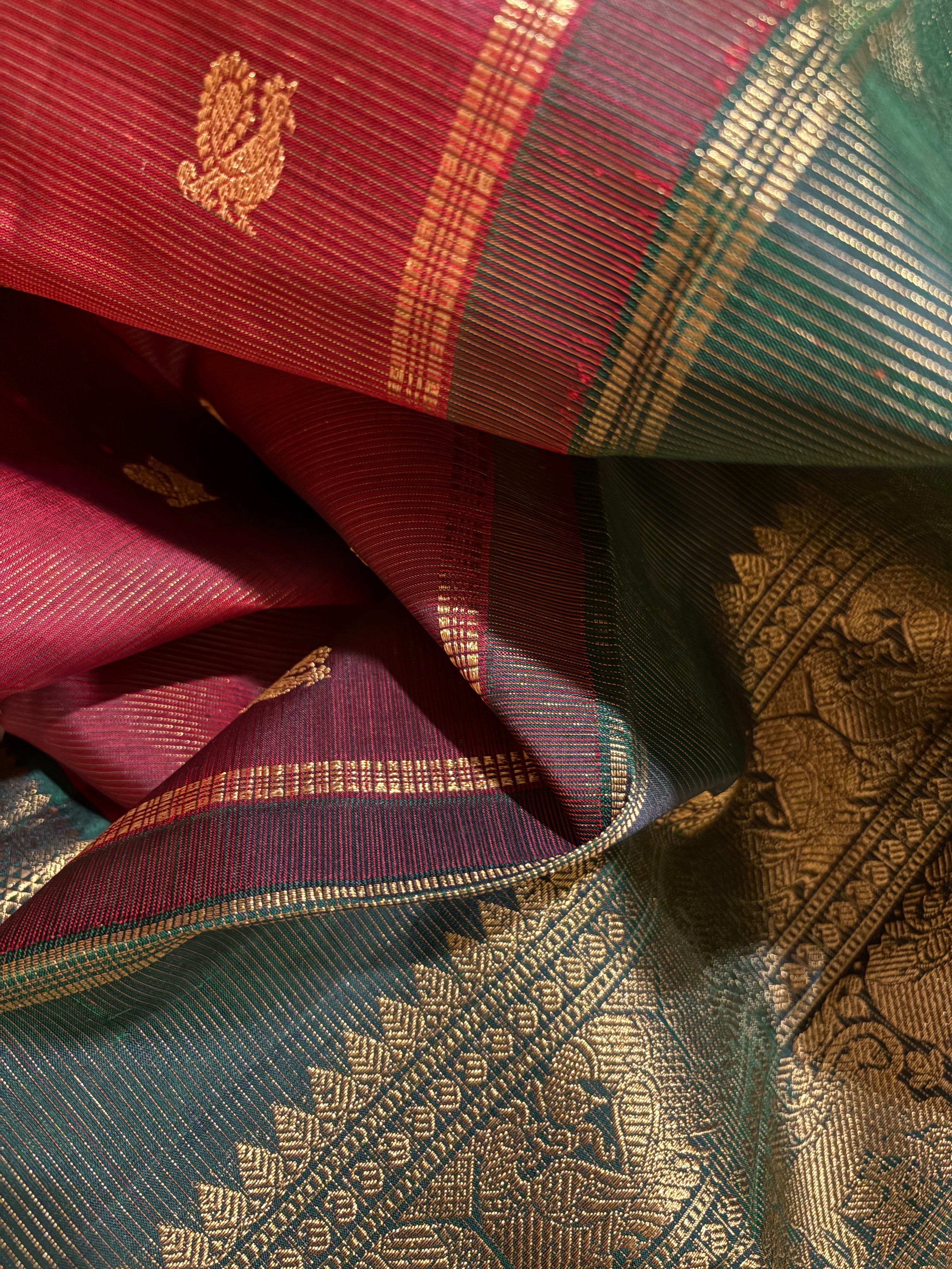 Maroon Vaira Oosi Kanjivaram Silk Saree wth Dark Green border RK0409