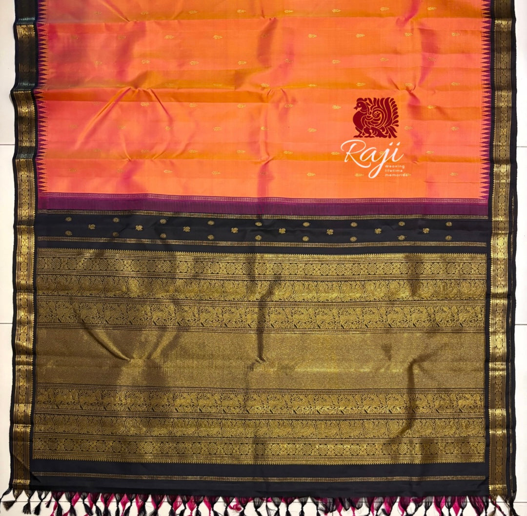 Peachy Mustard  Small Border Korvai Kanjivaram Silk Saree with Kanchana Border - RK0742